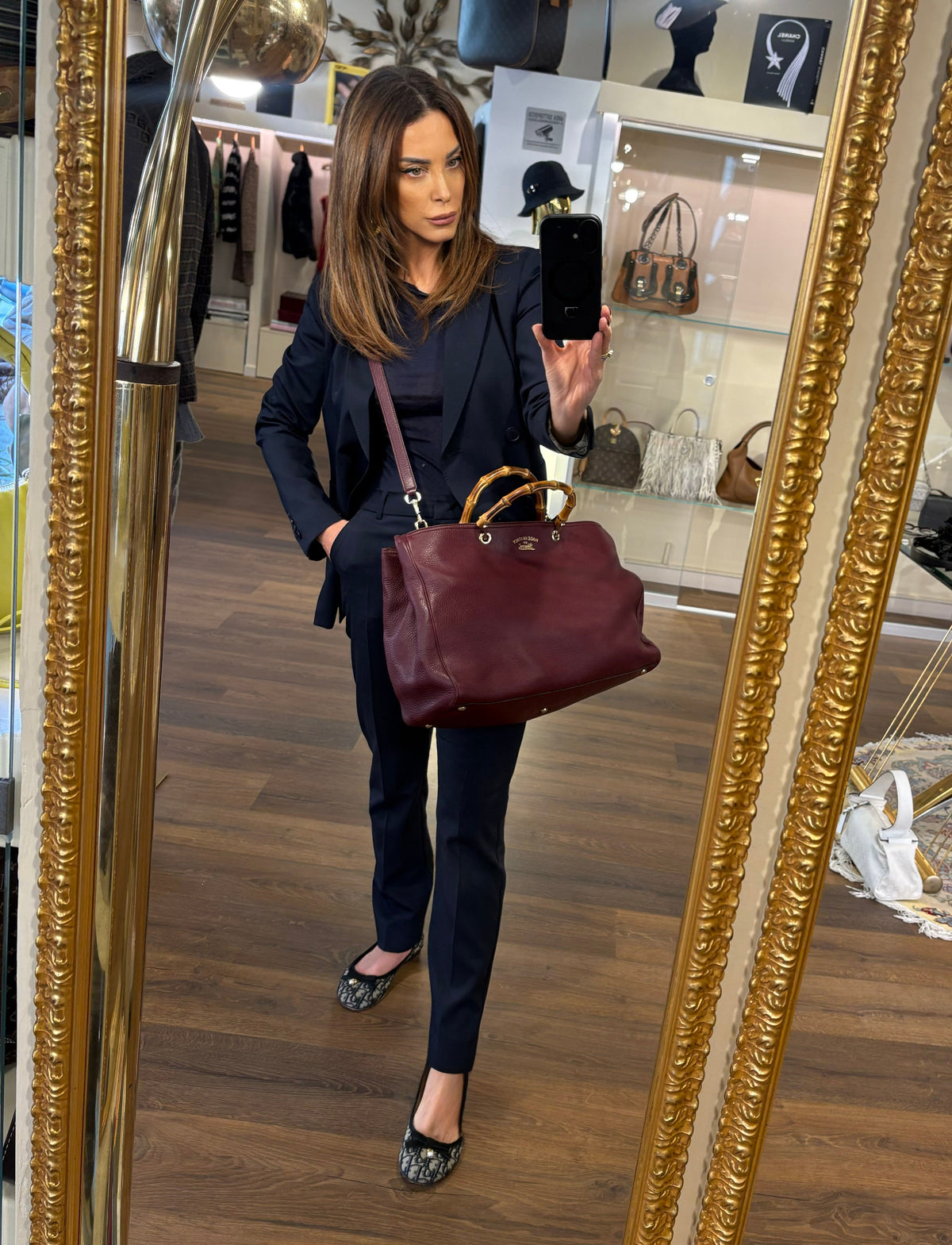 Borsa Gucci Bamboo Shopper Tote Large in Pelle Martellata Burgundy