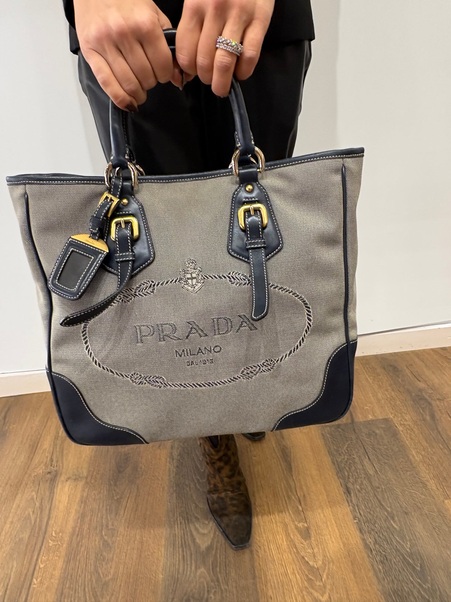 Prada borsa centenario in tela e pelle blu