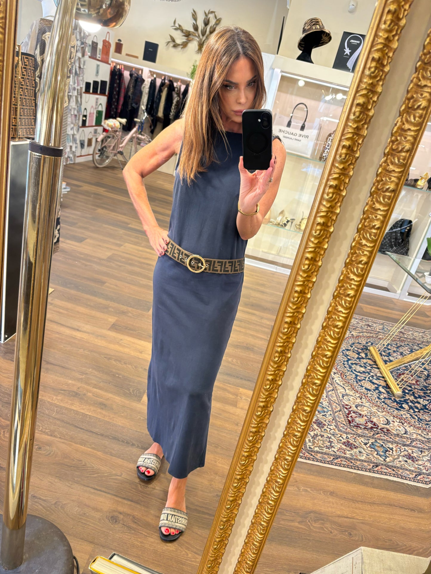 Fendi Cintura Vintage  in Tela Monogram FF e Pelle con Fibbia Tonda Dorata Misura 90
