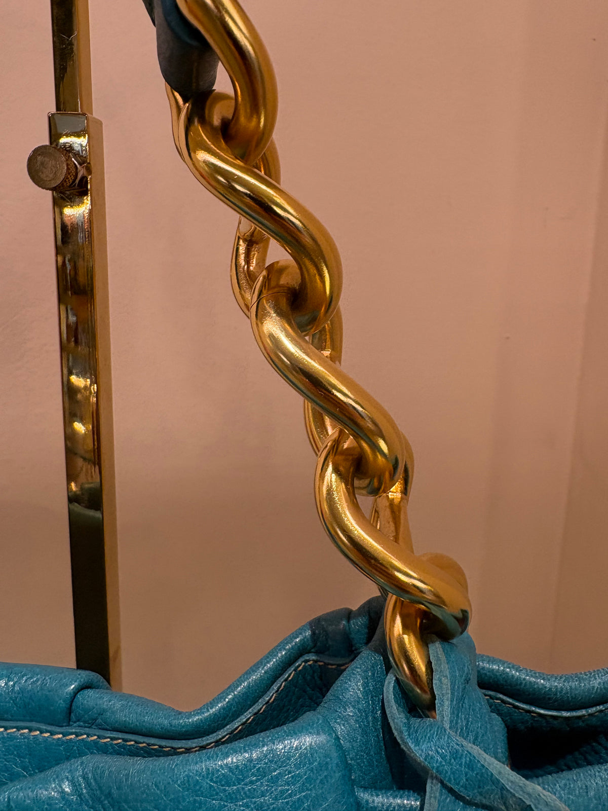 Borsa a spalla Prada Vintage Cervo Pleatsin pelle arricciata Turchese