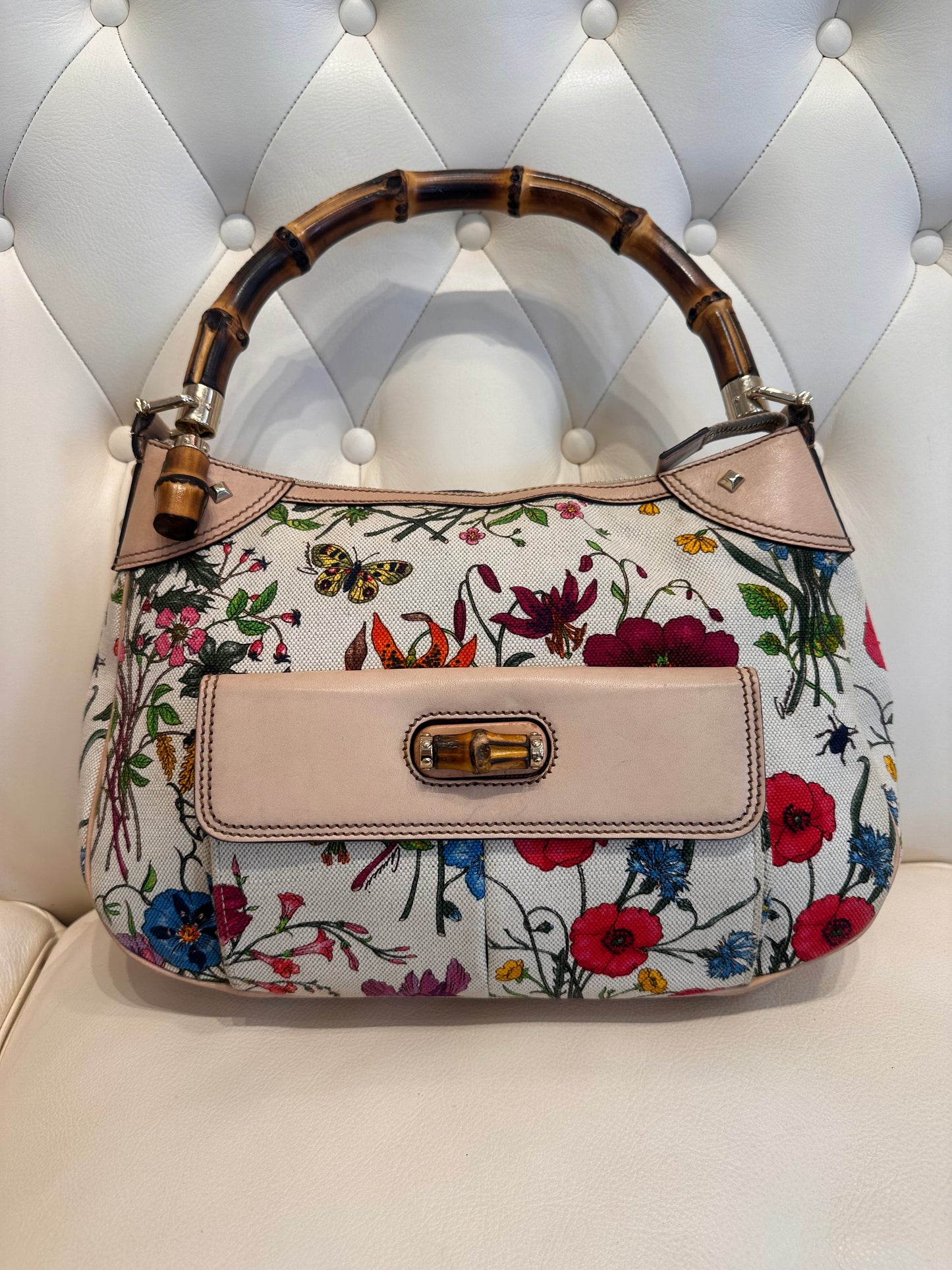 Gucci borsa in tela flora  manico bambù