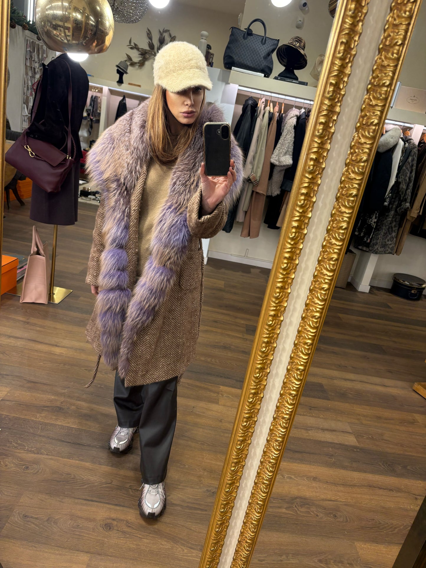 Ermanno Scervino cappotto spinato e volpe viola mélange