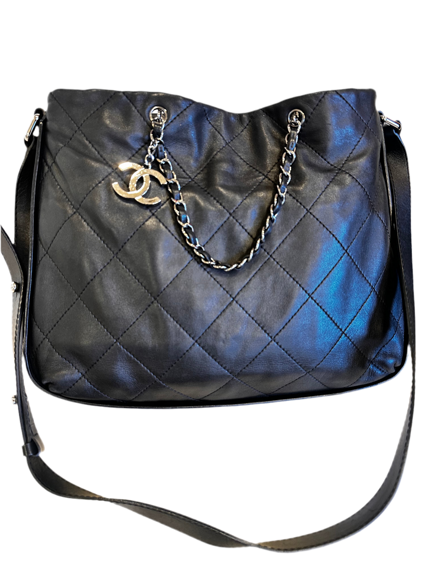 Chanel tote bag agnello nero metallo silver