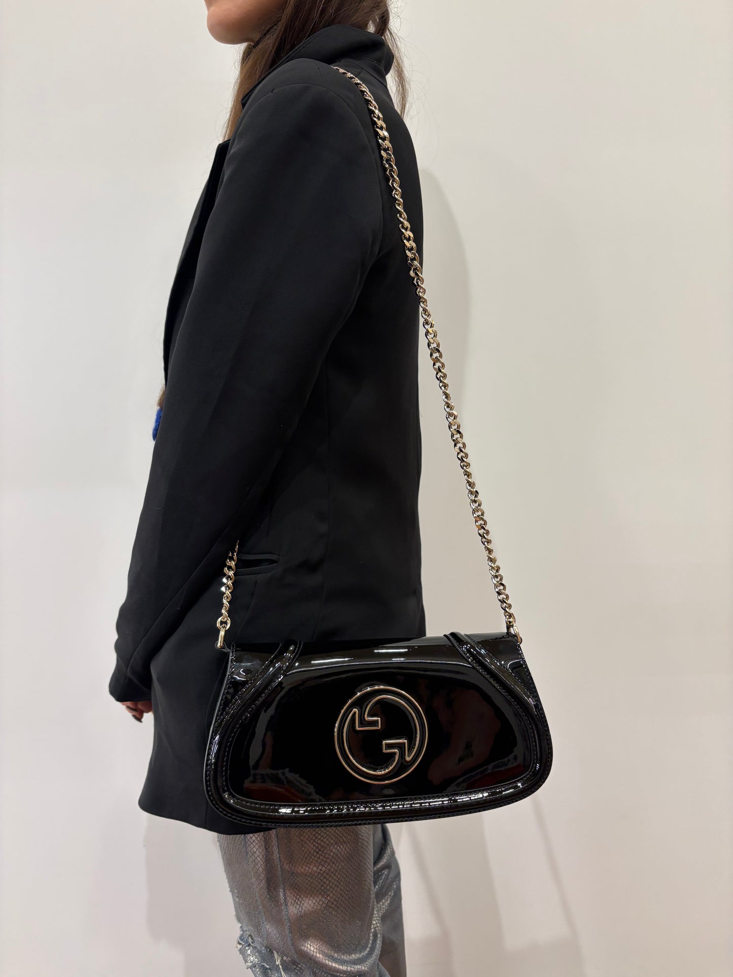 Gucci Blondie borsa in pelle verniciata nera nuova