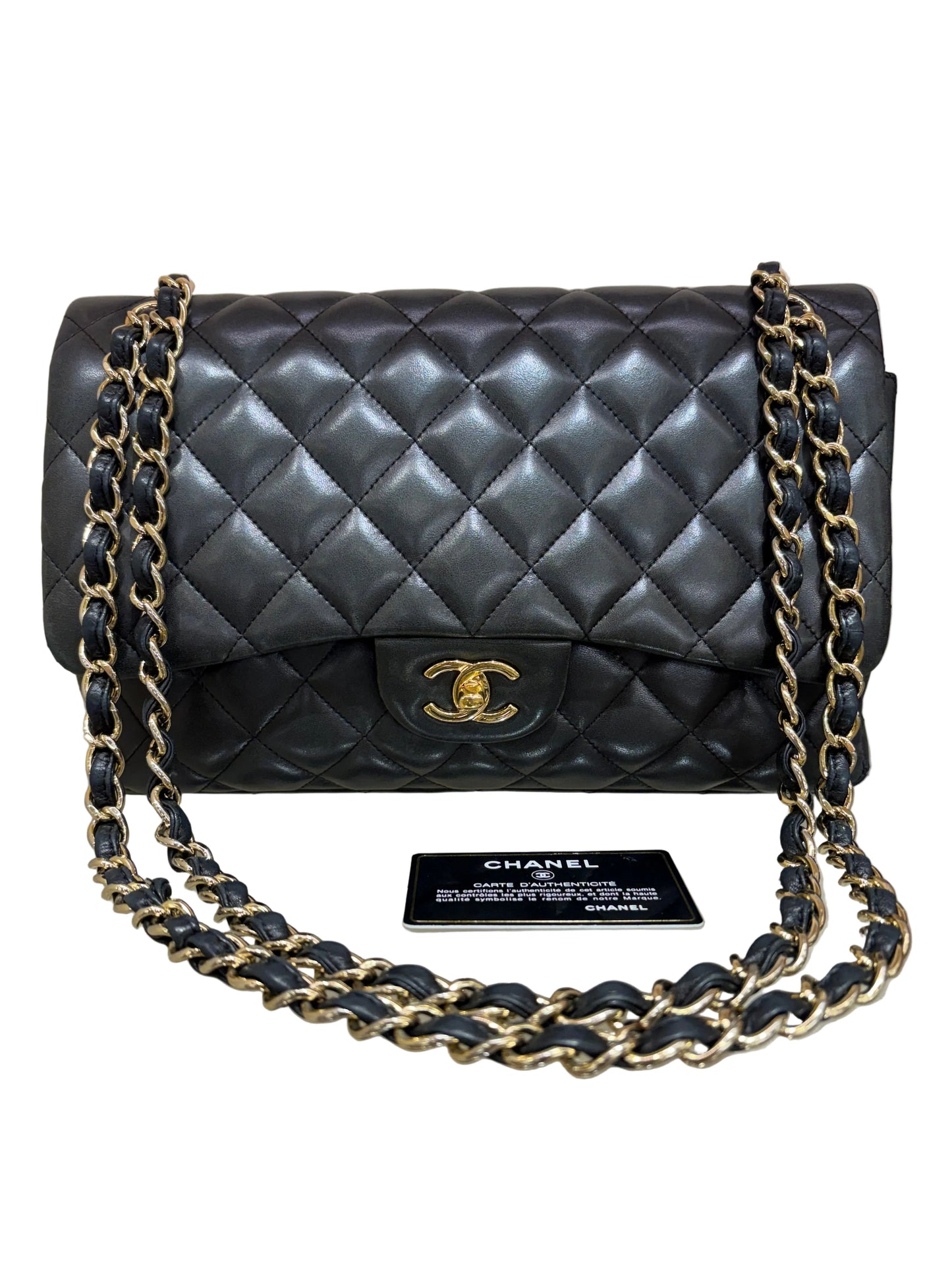 Chanel Classic Double Flap Jumbo 30 cm Pelle di Agnello Nera con Hardware Dorato