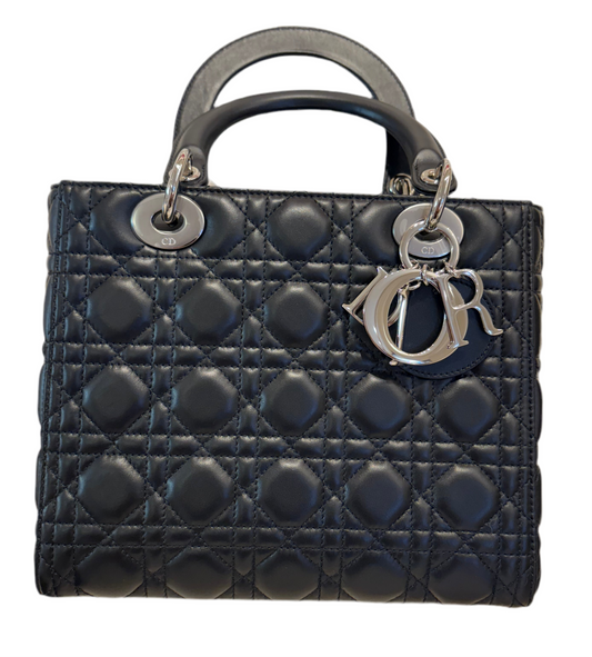Lady Dior  media in pelle di agnello nero metallo silver