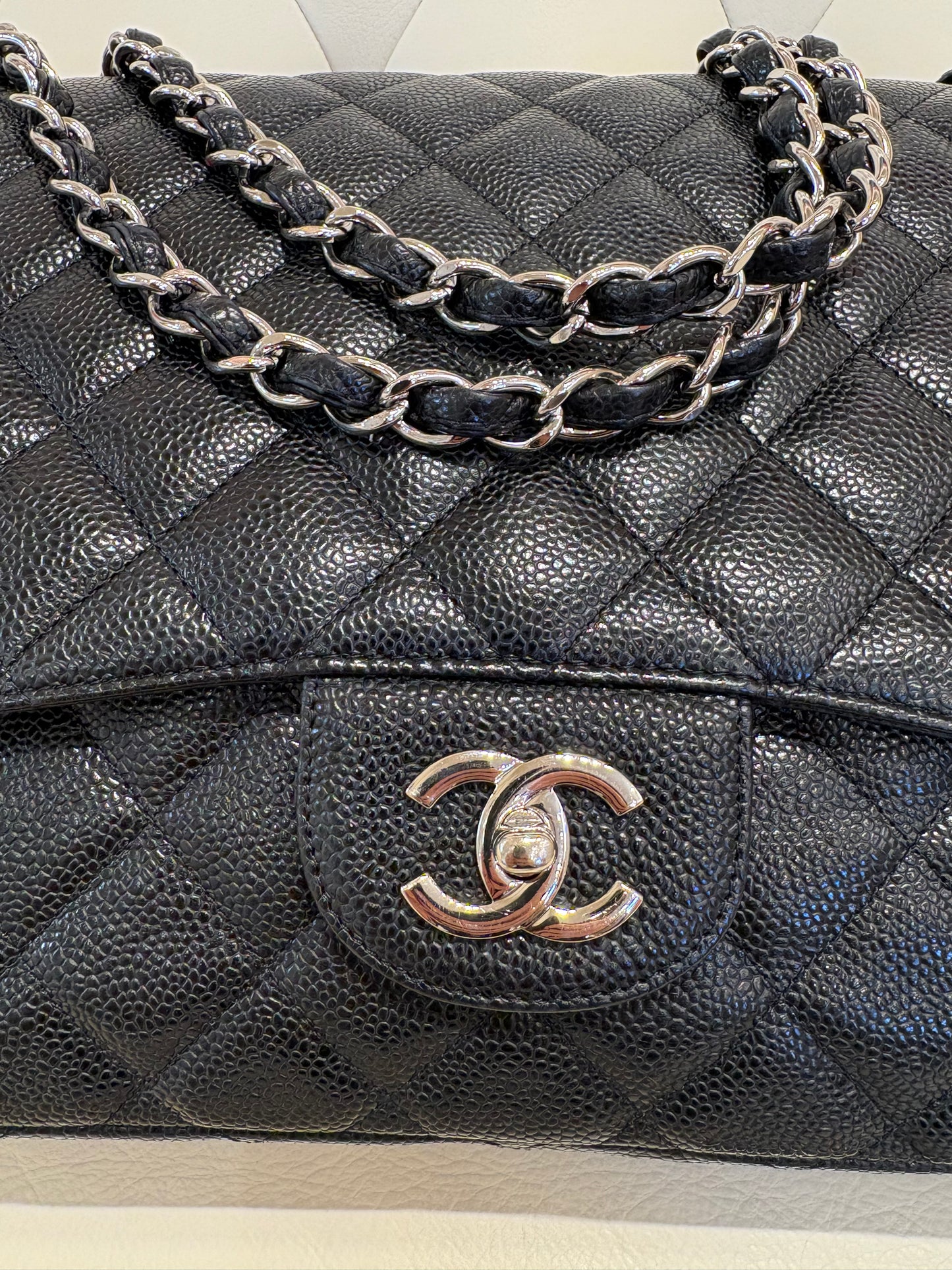 Chanel borsa maxi Jumbo cavier nero metallo silver