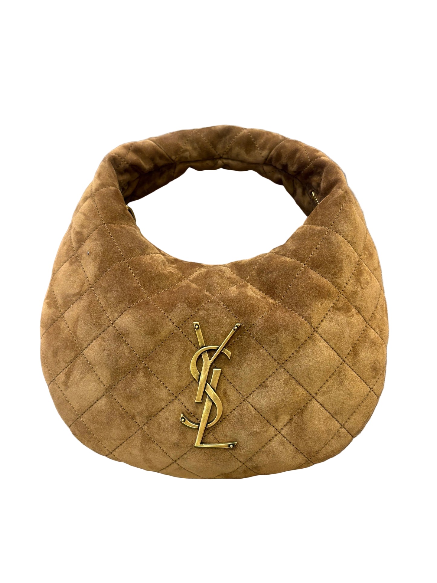 Saint Laurent Icarino piccola borsa a mano in suede caramel cognac. Nuovo