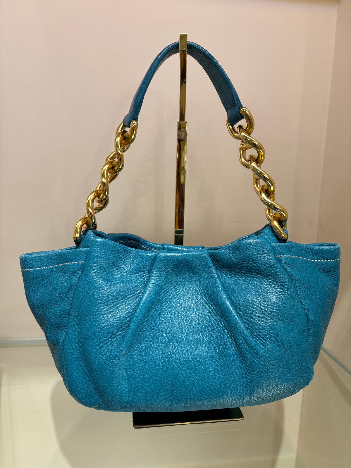 Borsa a spalla Prada Vintage Cervo Pleatsin pelle arricciata Turchese