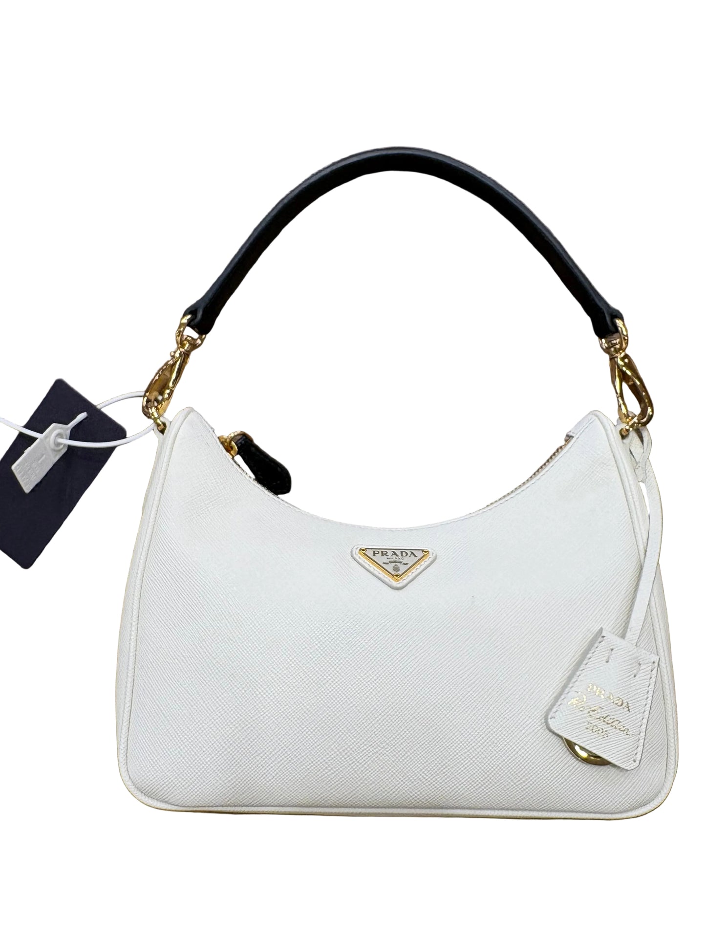 Borsa Prada Re-Edition 2005 in Pelle Saffiano Bianco e Dettagli Cocco Nero. Nuovo