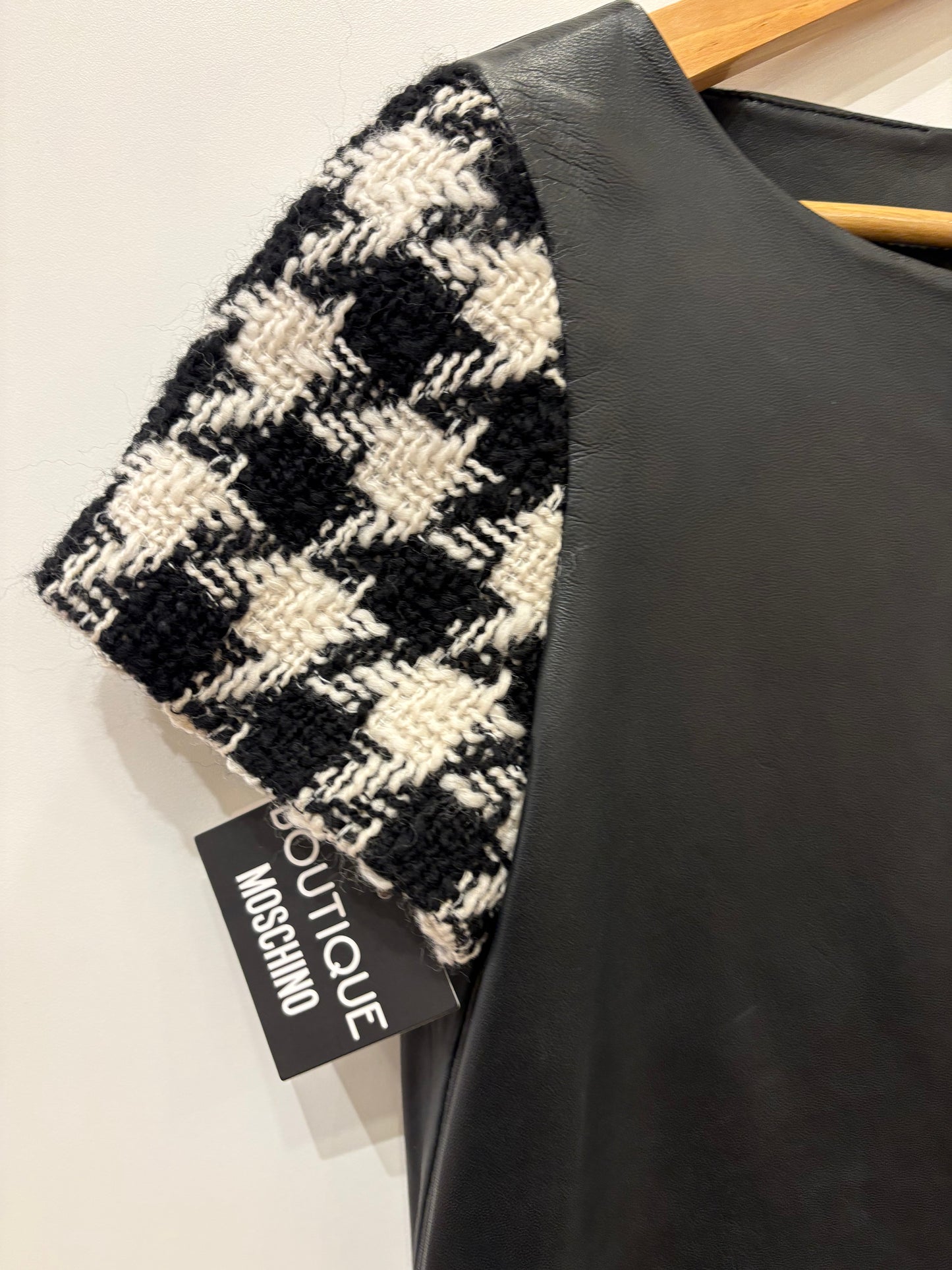 Moschino Boutique abito in pelle maniche  lana pied de poule . Nuovo