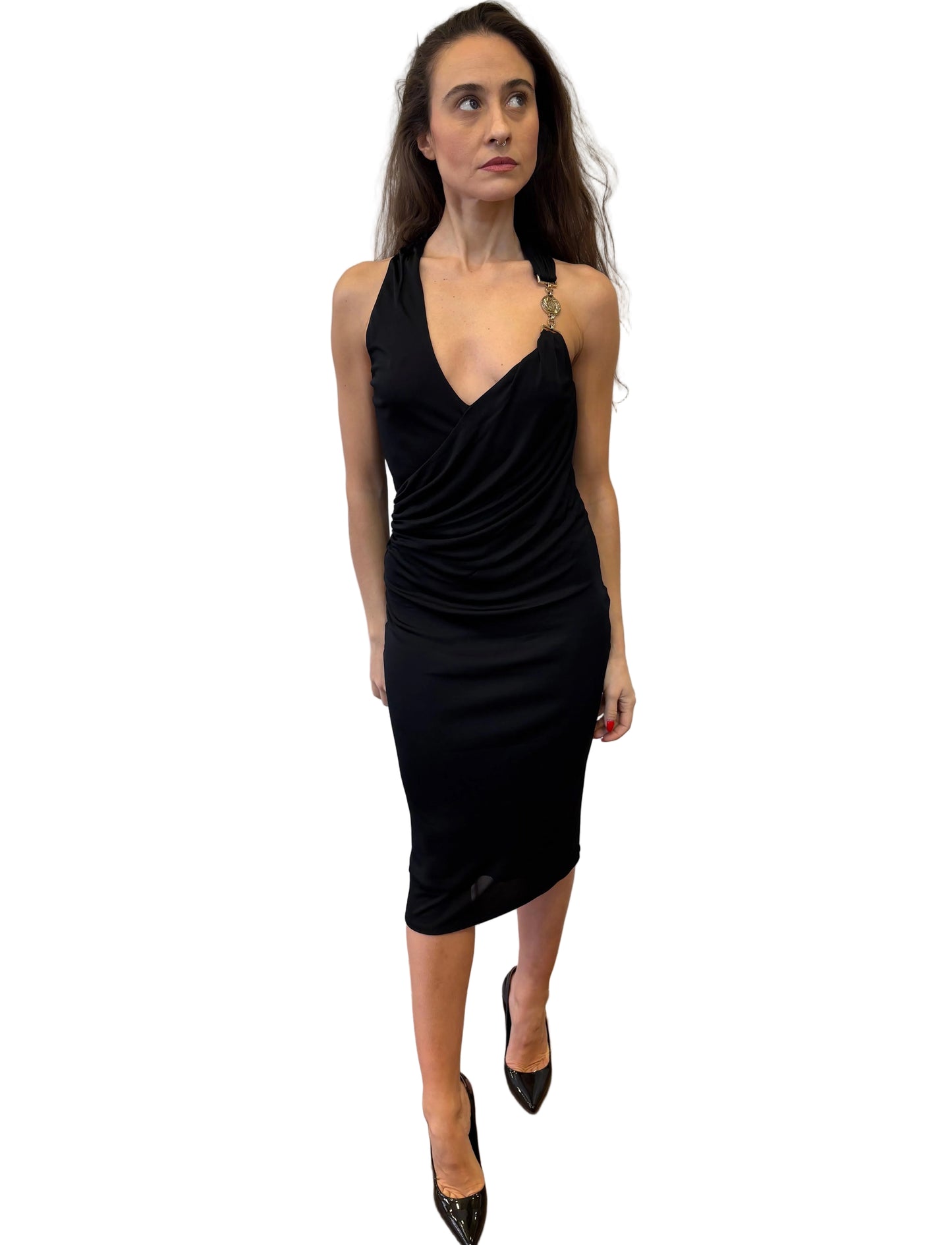 Versace tubino scollatura asimmetrica con medusa gold