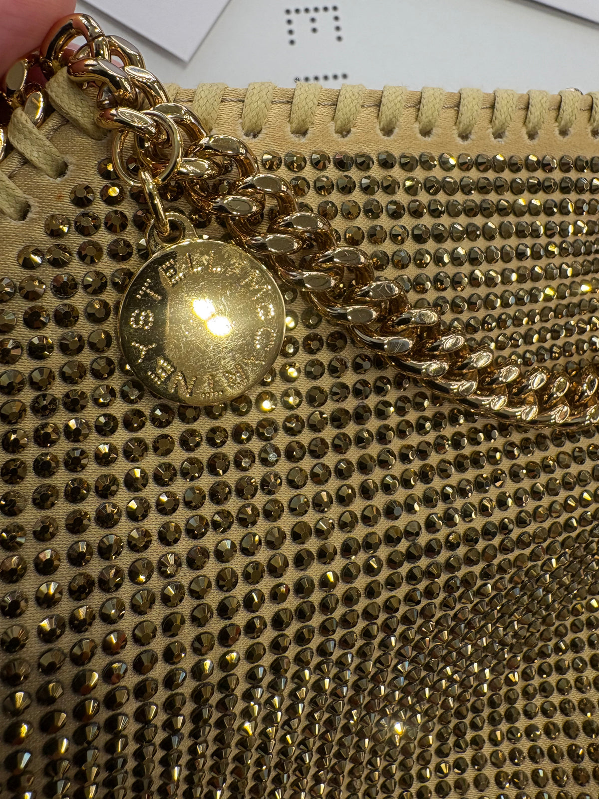 Stella McCartney Borsa Tote Falabella  Tiny in Rete di Cristalli Oro. Nuova