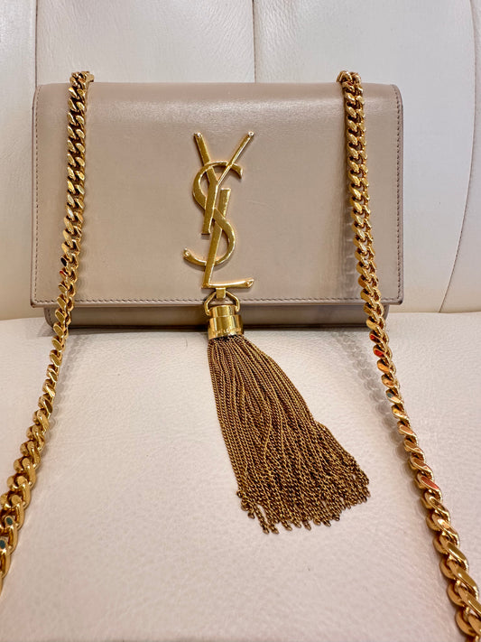 Ysl Kate borsa in pelle beige metallo oro