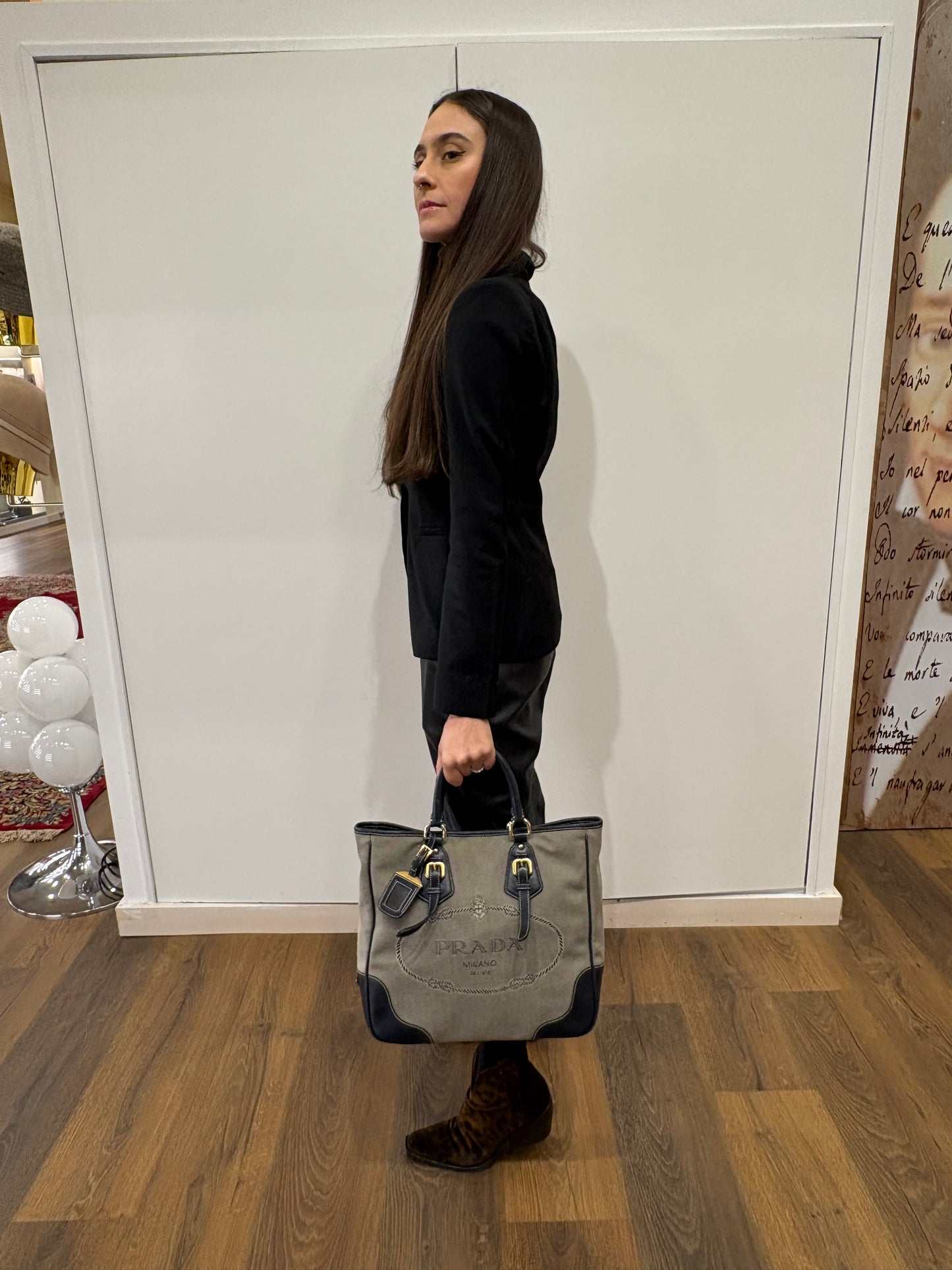 Prada borsa centenario in tela e pelle blu
