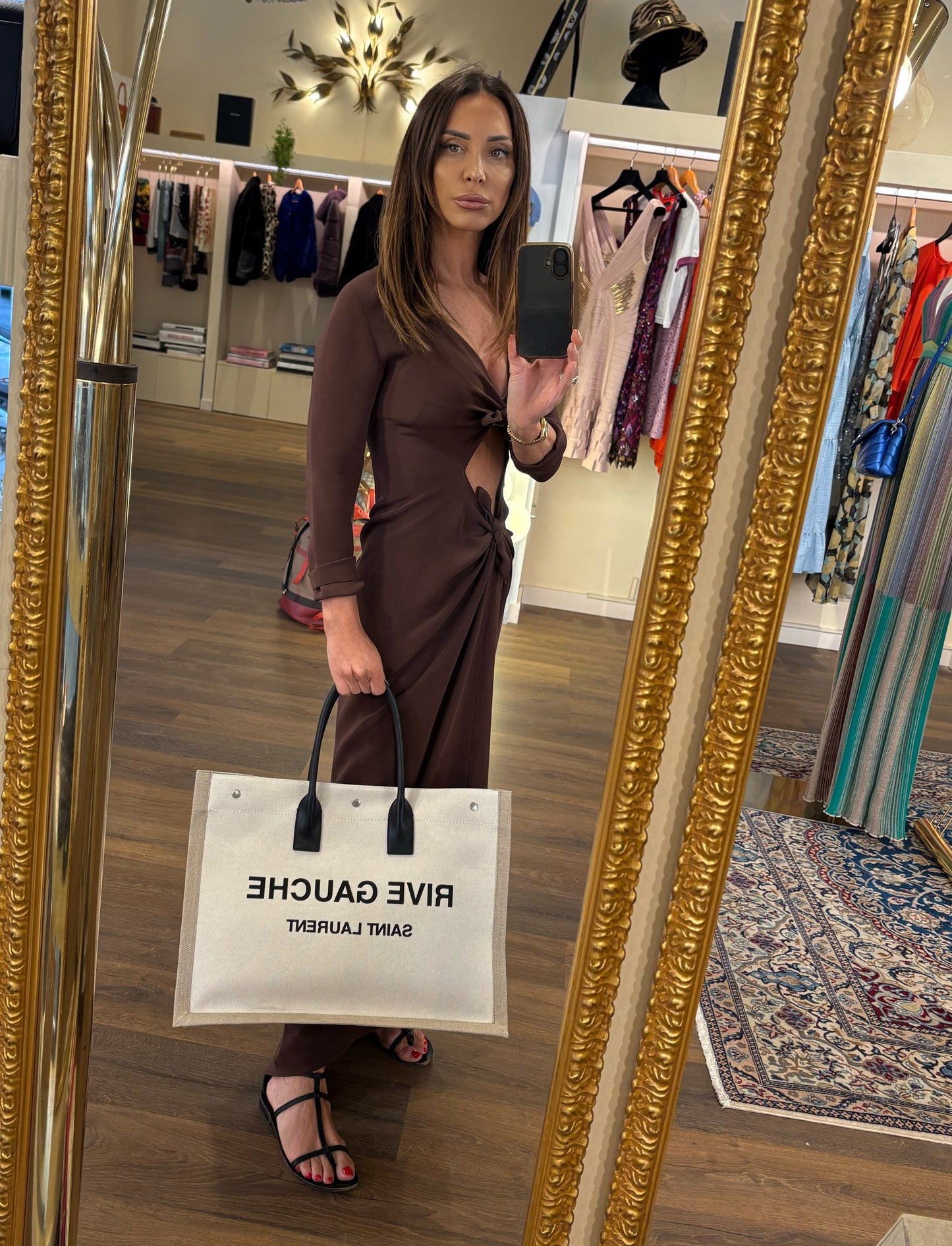 Saint Laurent Borsa Tote Rive Gauche Grande in Canvas e Pelle. Nuovo