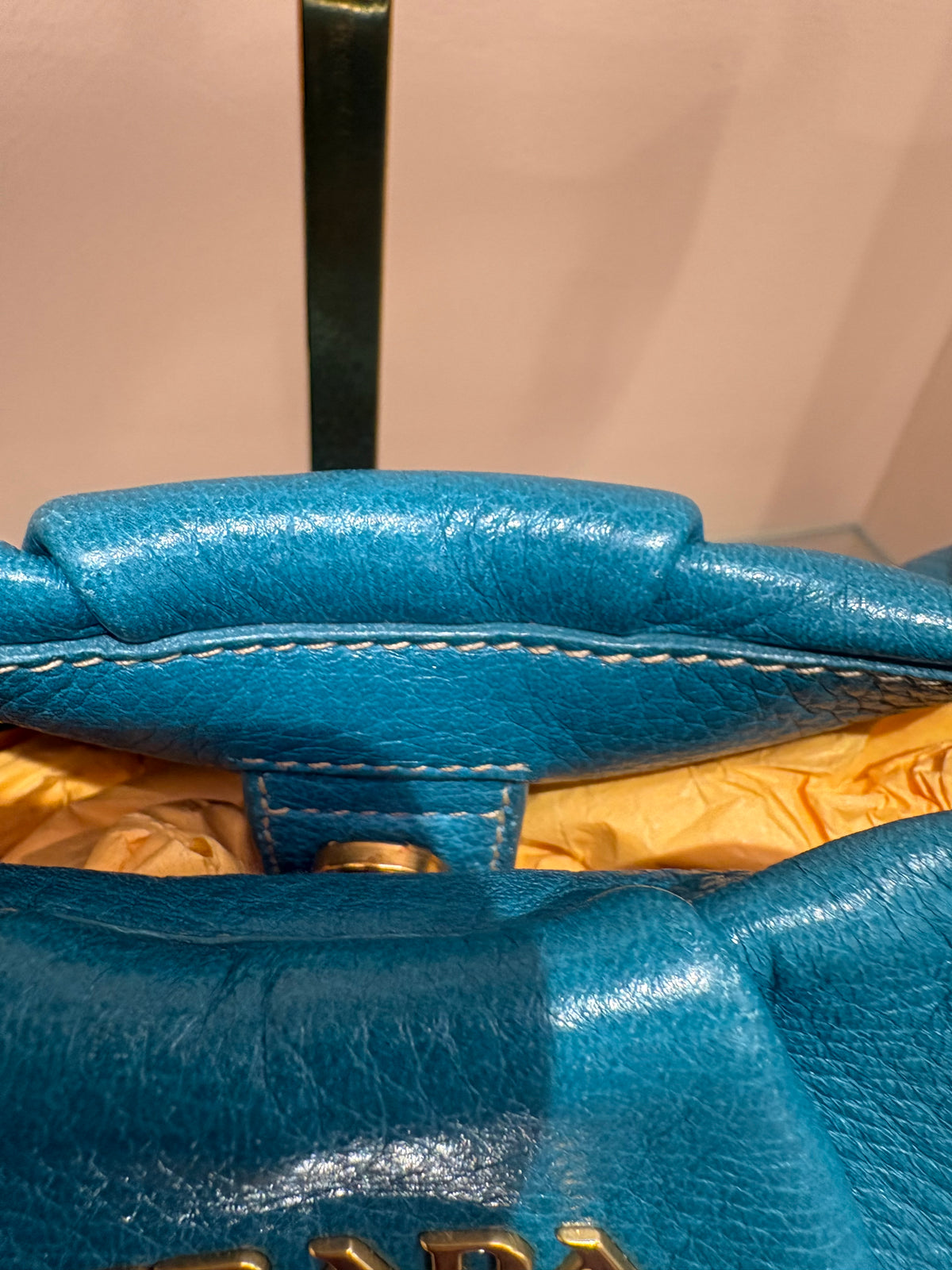 Borsa a spalla Prada Vintage Cervo Pleatsin pelle arricciata Turchese
