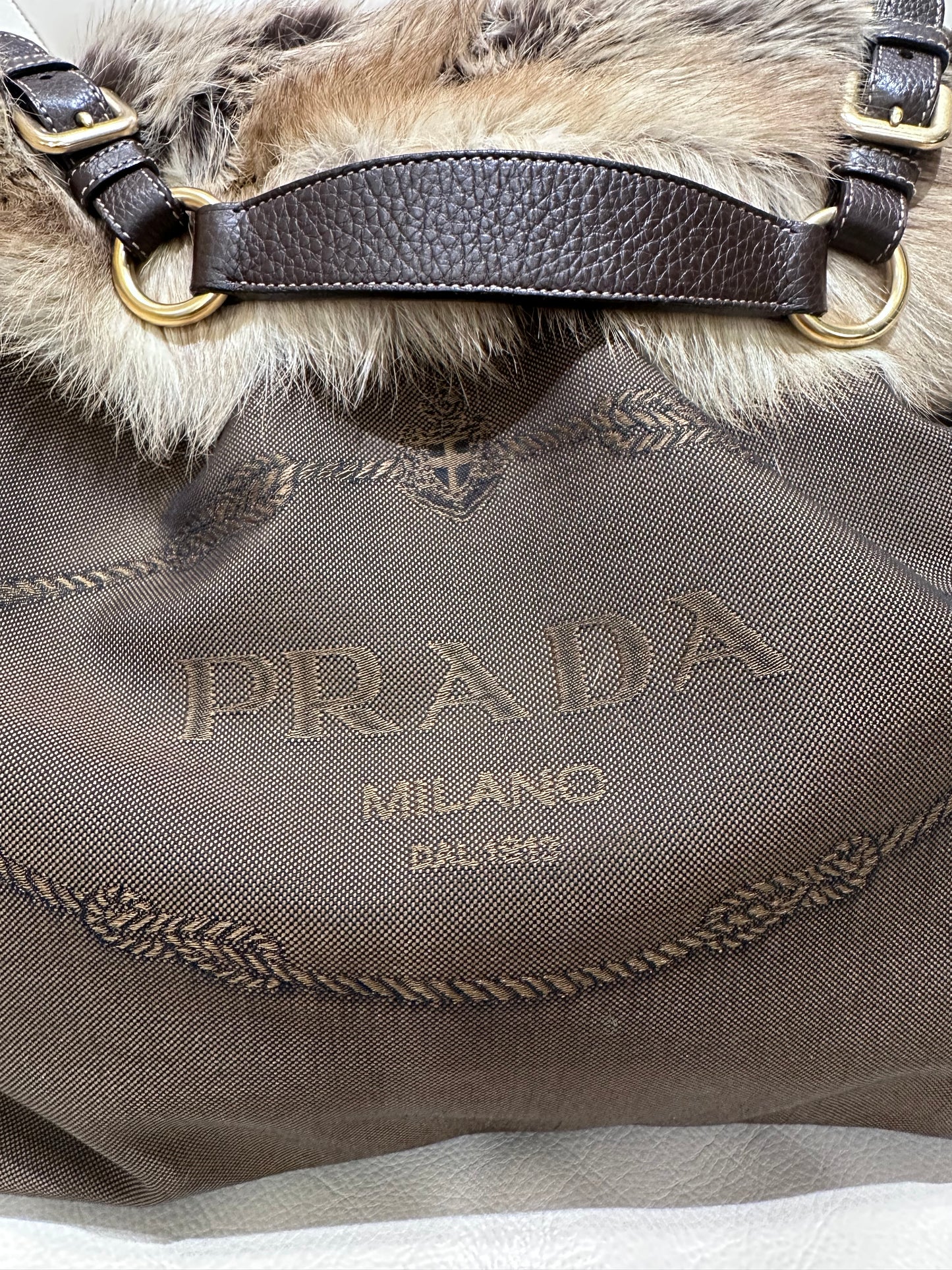 Prada borsa shopping in tela e volpe