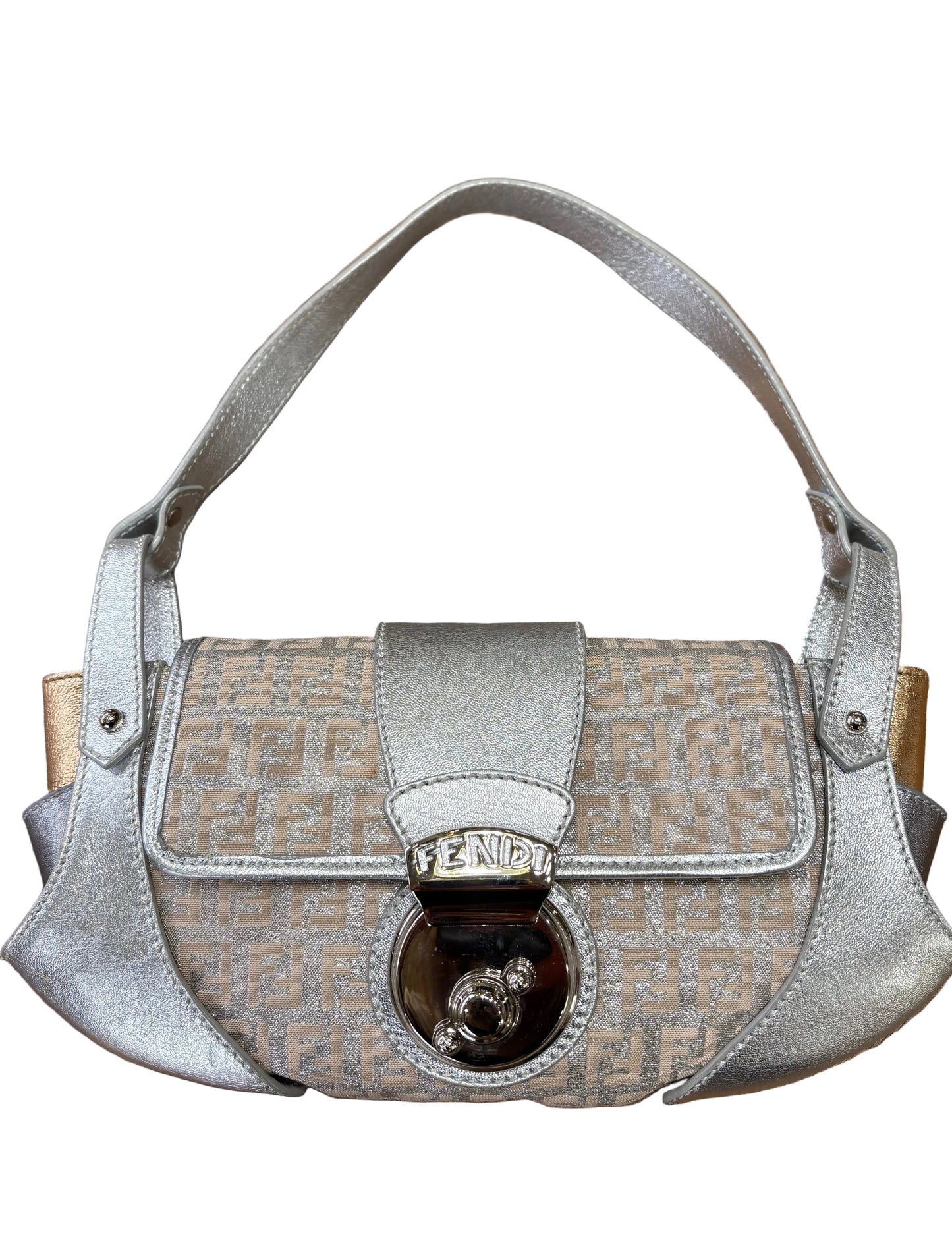 Fendi borsa Tuc ( compilation Baguette ) in tela argento e pelle argento/oro