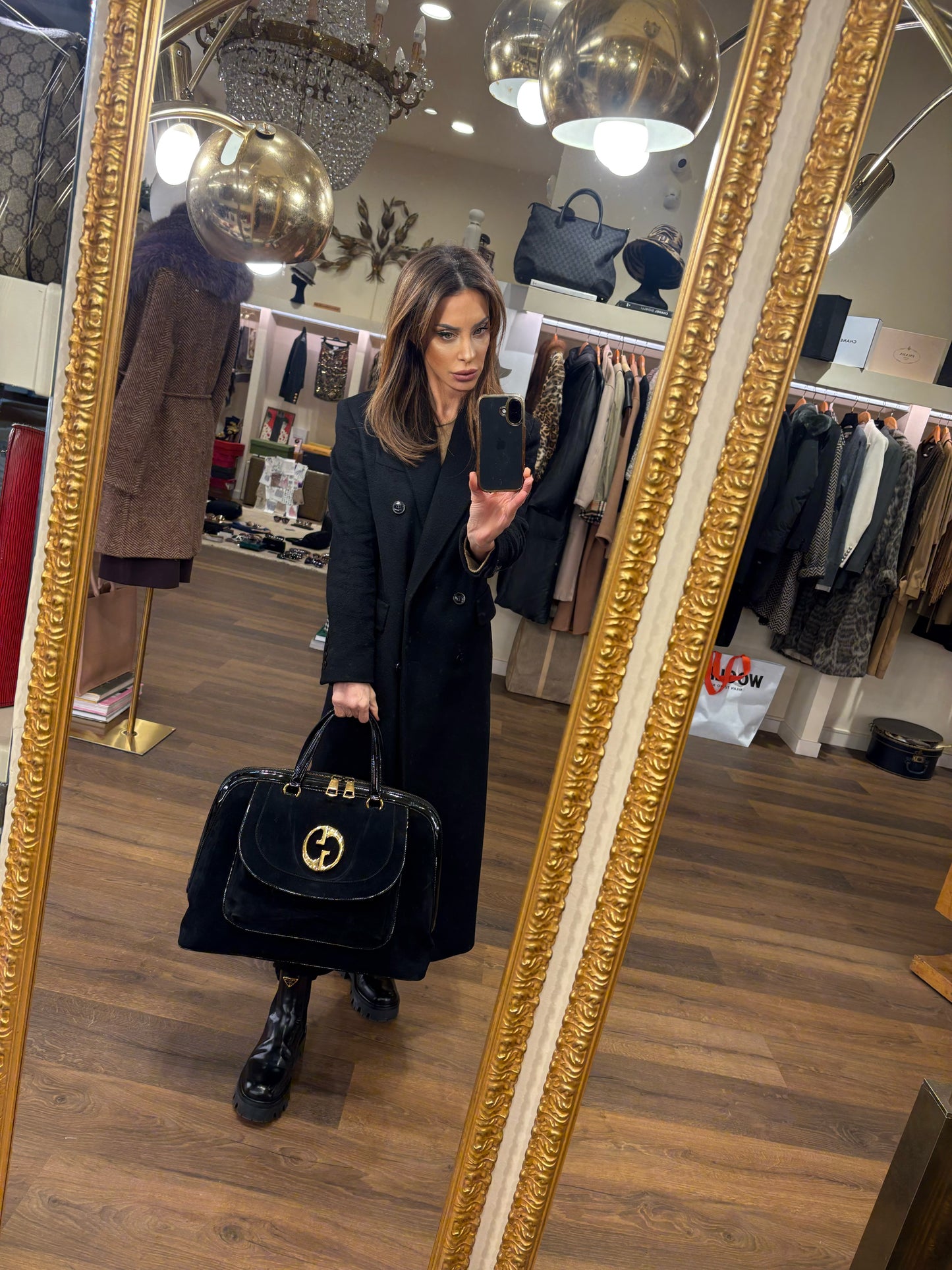 Gucci borsa a mano in suede nero metallo dorato