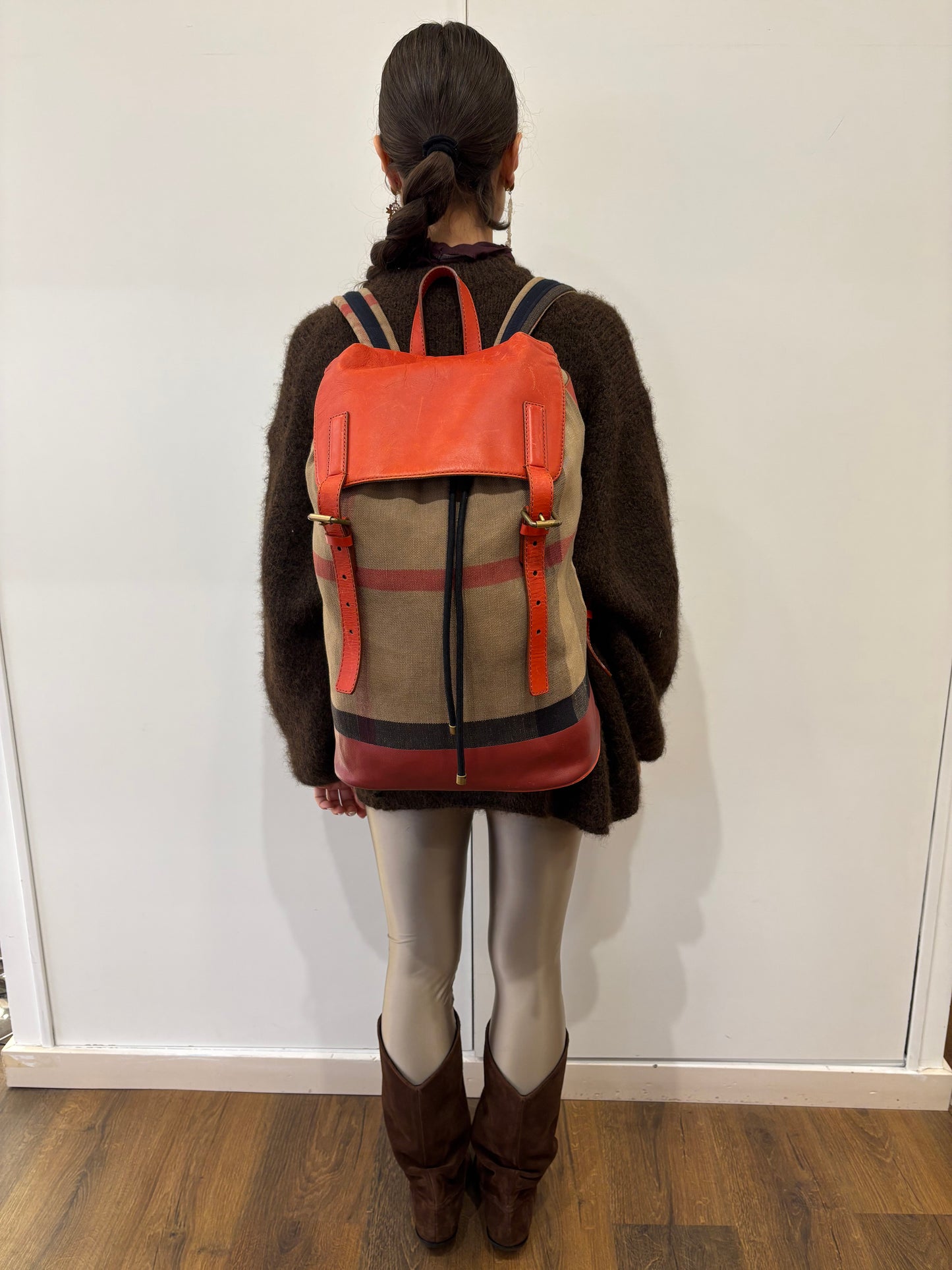 Burberry zaino tela check e pelle rossa