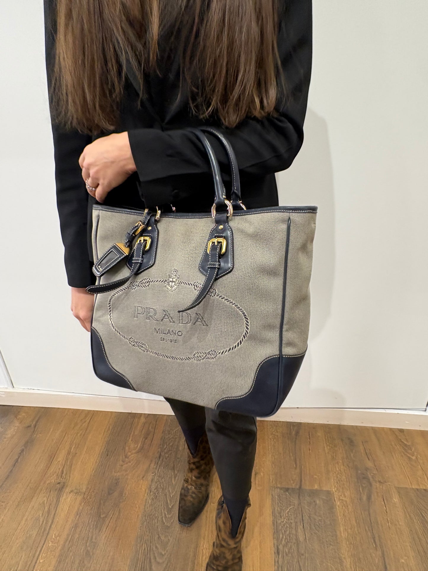 Prada borsa centenario in tela e pelle blu