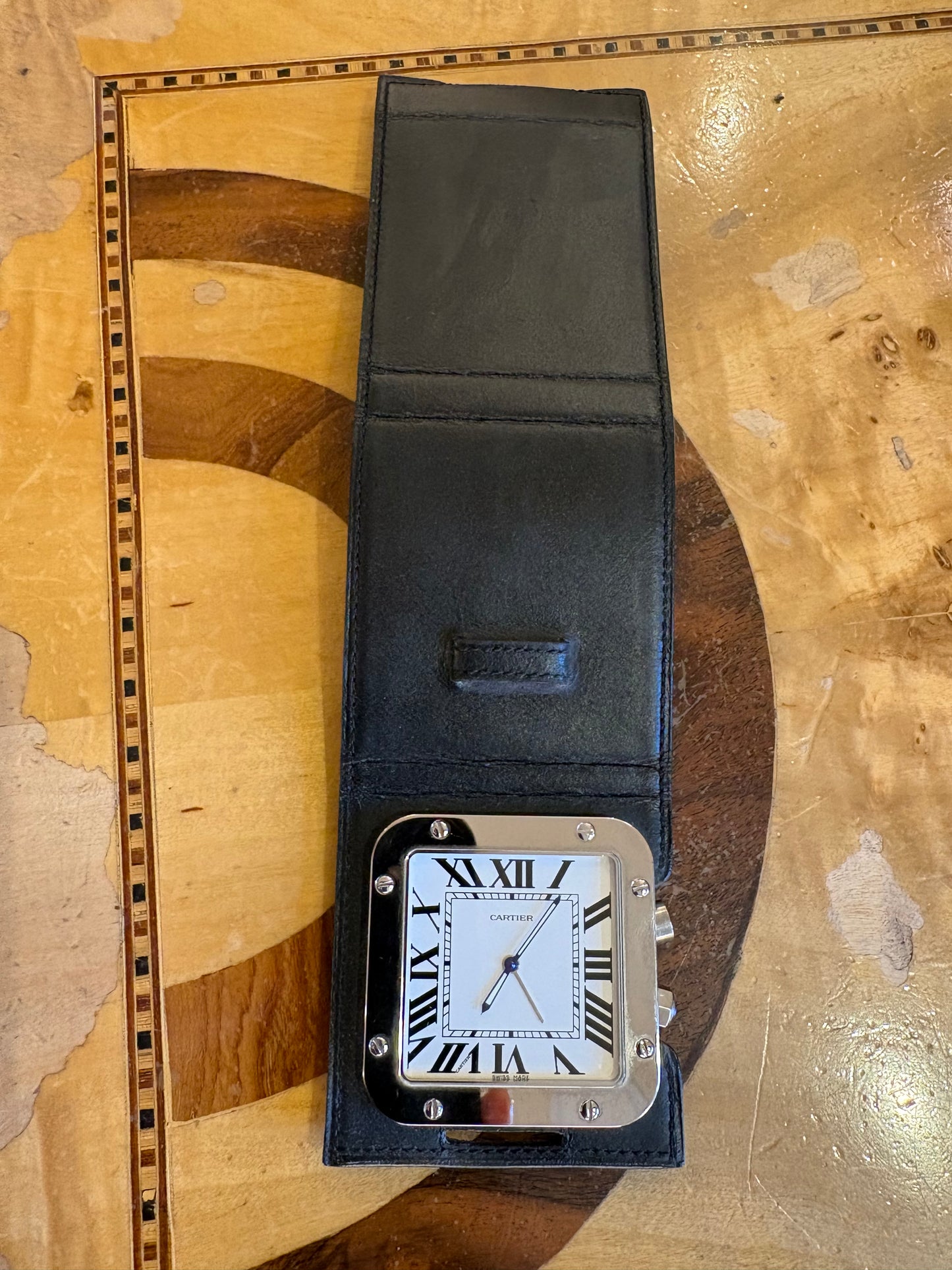 Cartier Orologio Sveglia da Viaggio Santos de Ref. 2750 in Acciaio e Pelle Nera