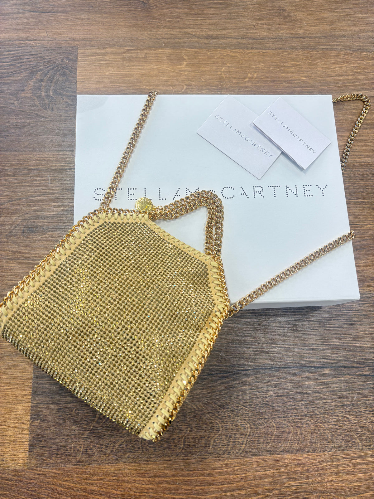 Stella McCartney Borsa Tote Falabella  Tiny in Rete di Cristalli Oro. Nuova
