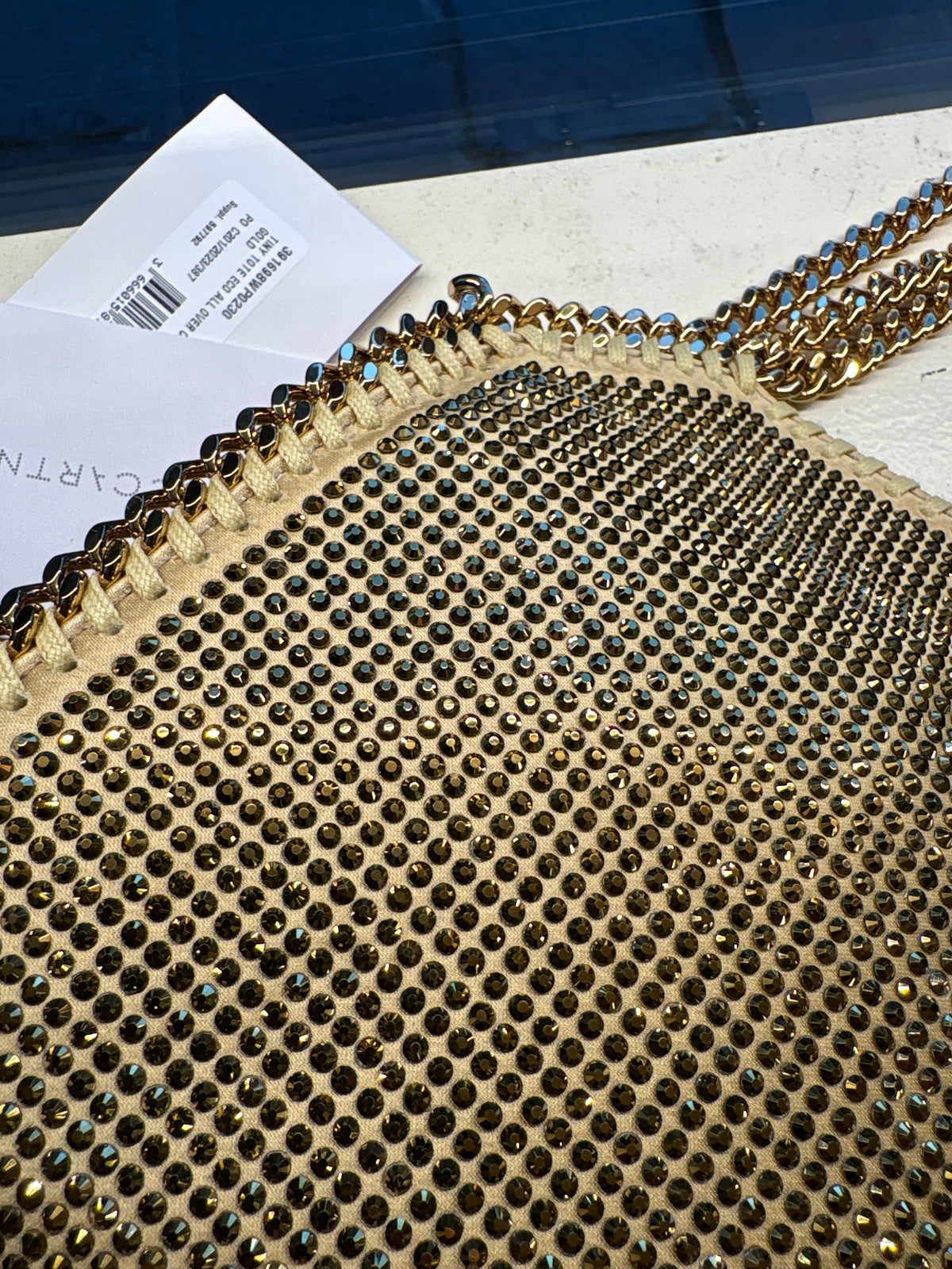 Stella McCartney Borsa Tote Falabella  Tiny in Rete di Cristalli Oro. Nuova