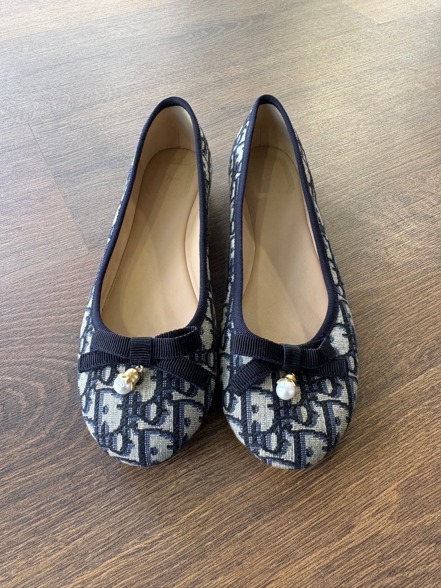 Christian Dior ballerine Oblique Ballet in jacquard beige e blu. Nuove