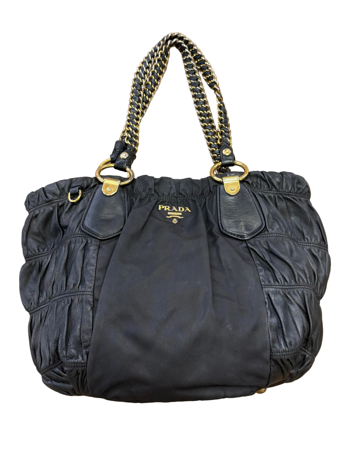Prada shopping bag in pelle goffrata e tela nylon . Vintage