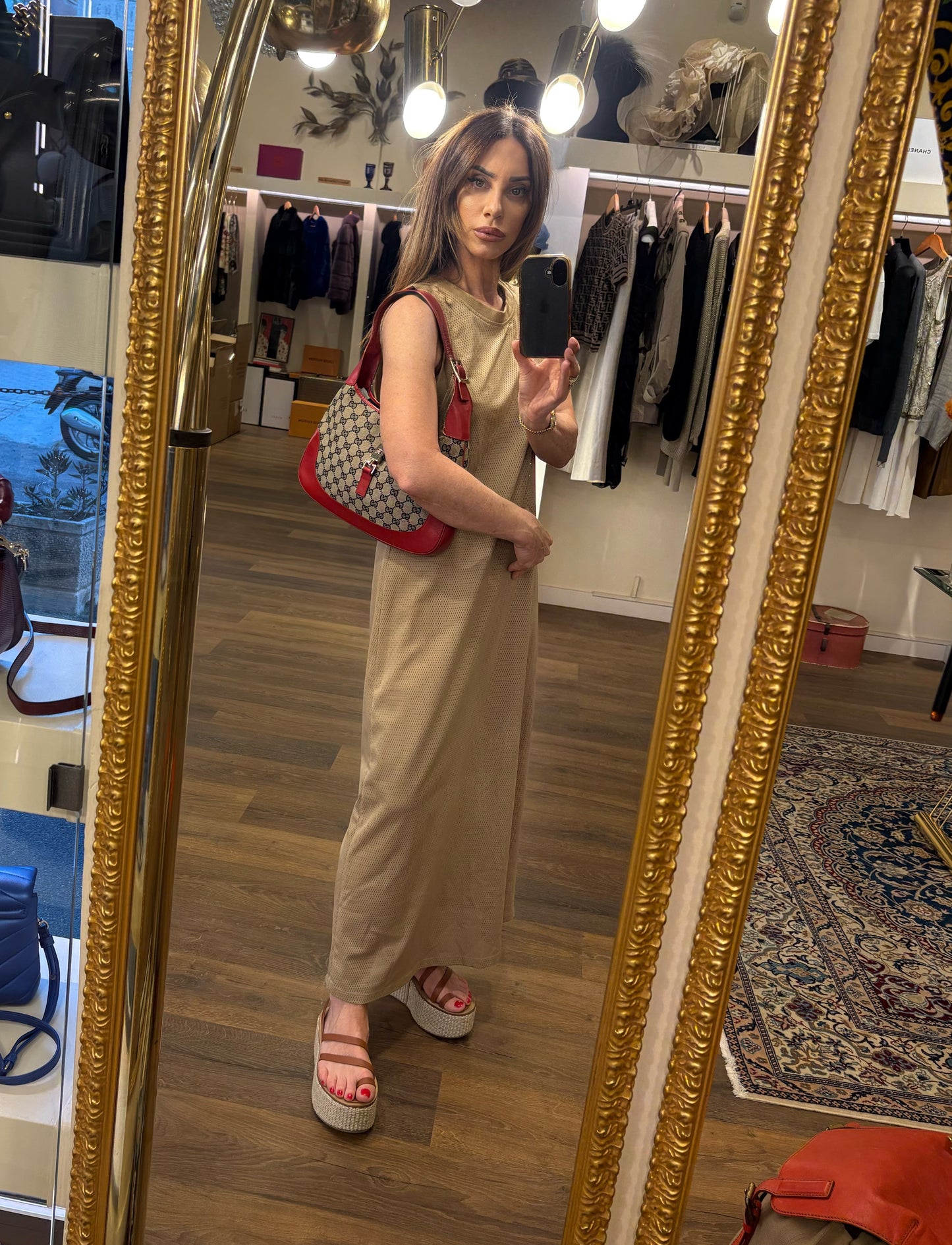 Borsa a Spalla Gucci Vintage Jackie Media in Tela Monogram GG e Pelle Rossa