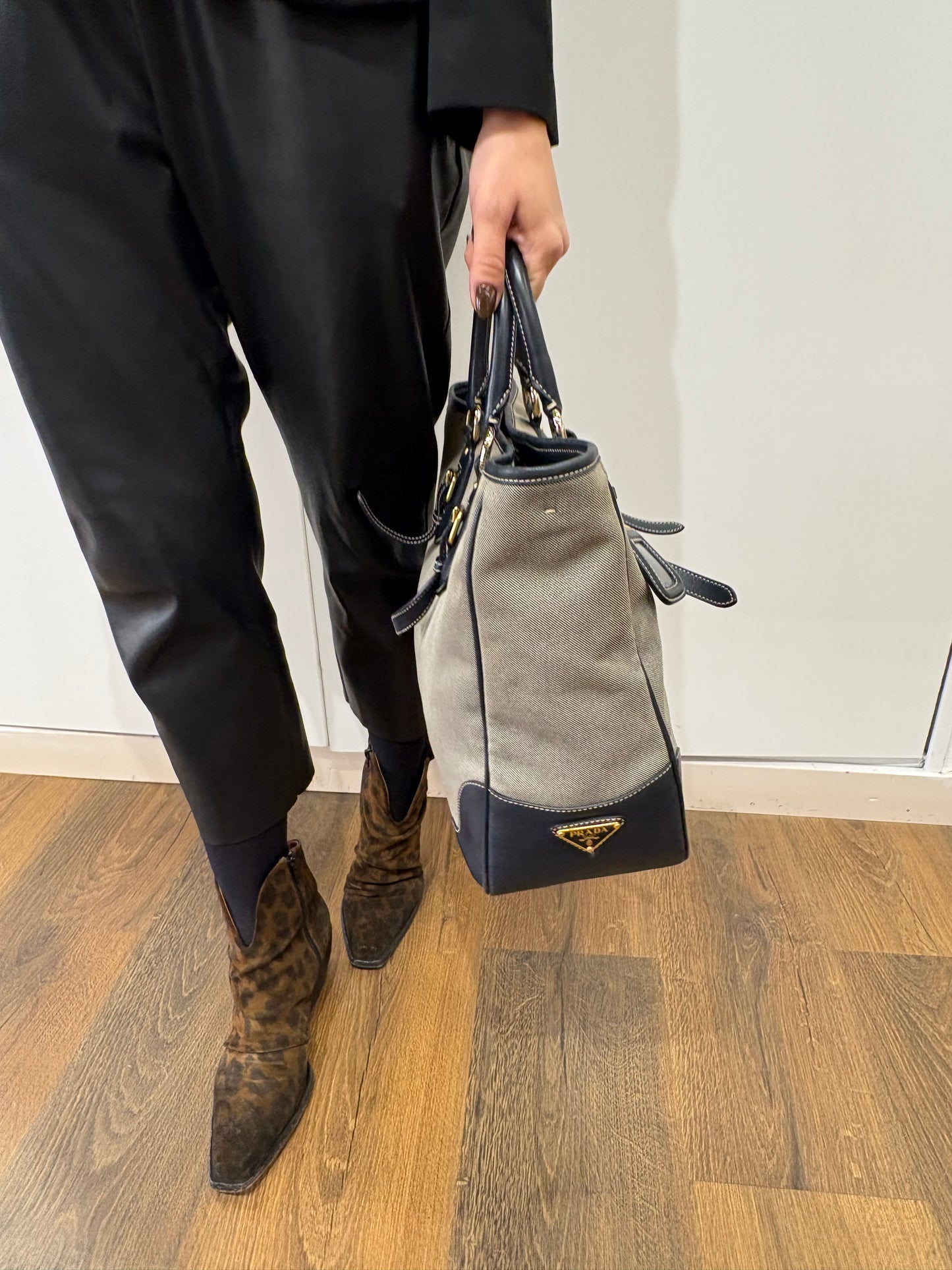 Prada borsa centenario in tela e pelle blu