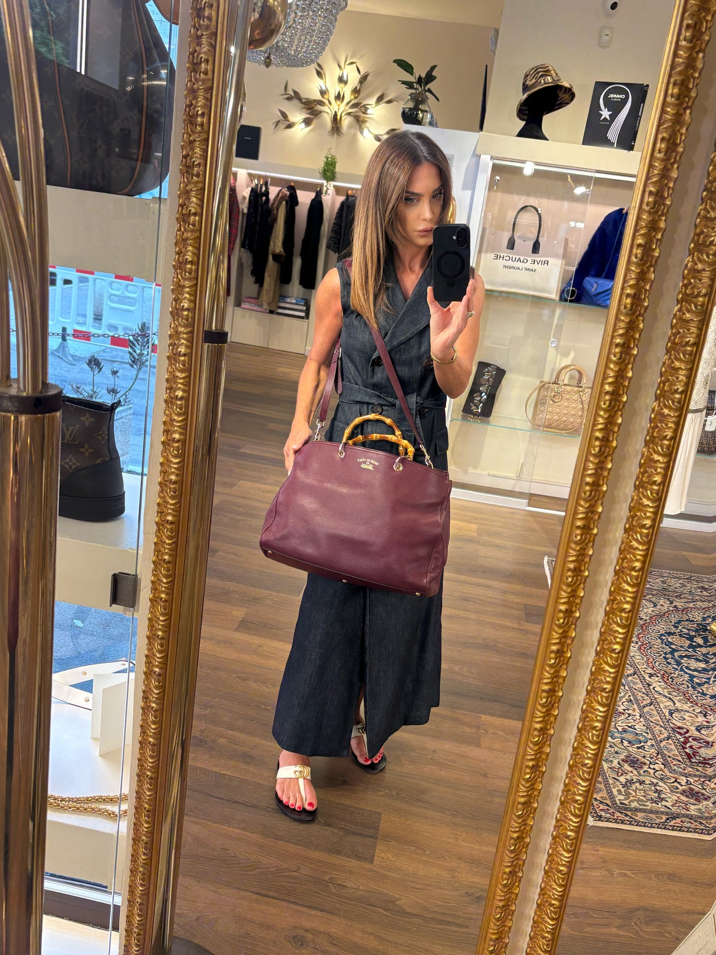 Borsa Gucci Bamboo Shopper Tote Large in Pelle Martellata Bordeaux