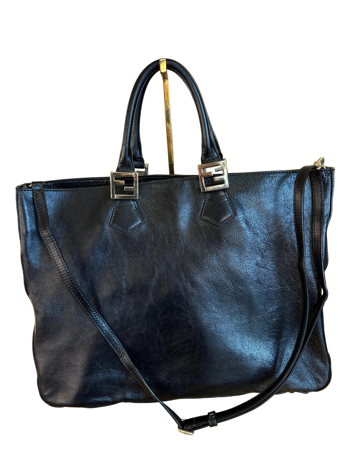 Fendi Twins Tote Large in Pelle Nera Rigenerata con Tracolla