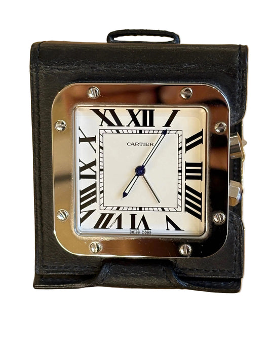 Cartier Orologio Sveglia da Viaggio Santos de Ref. 2750 in Acciaio e Pelle Nera