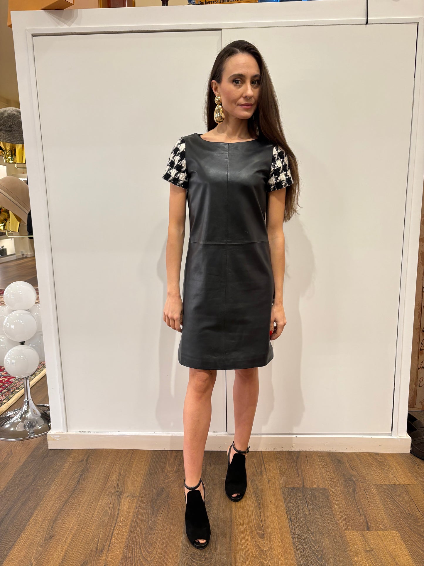 Moschino Boutique abito in pelle maniche  lana pied de poule . Nuovo