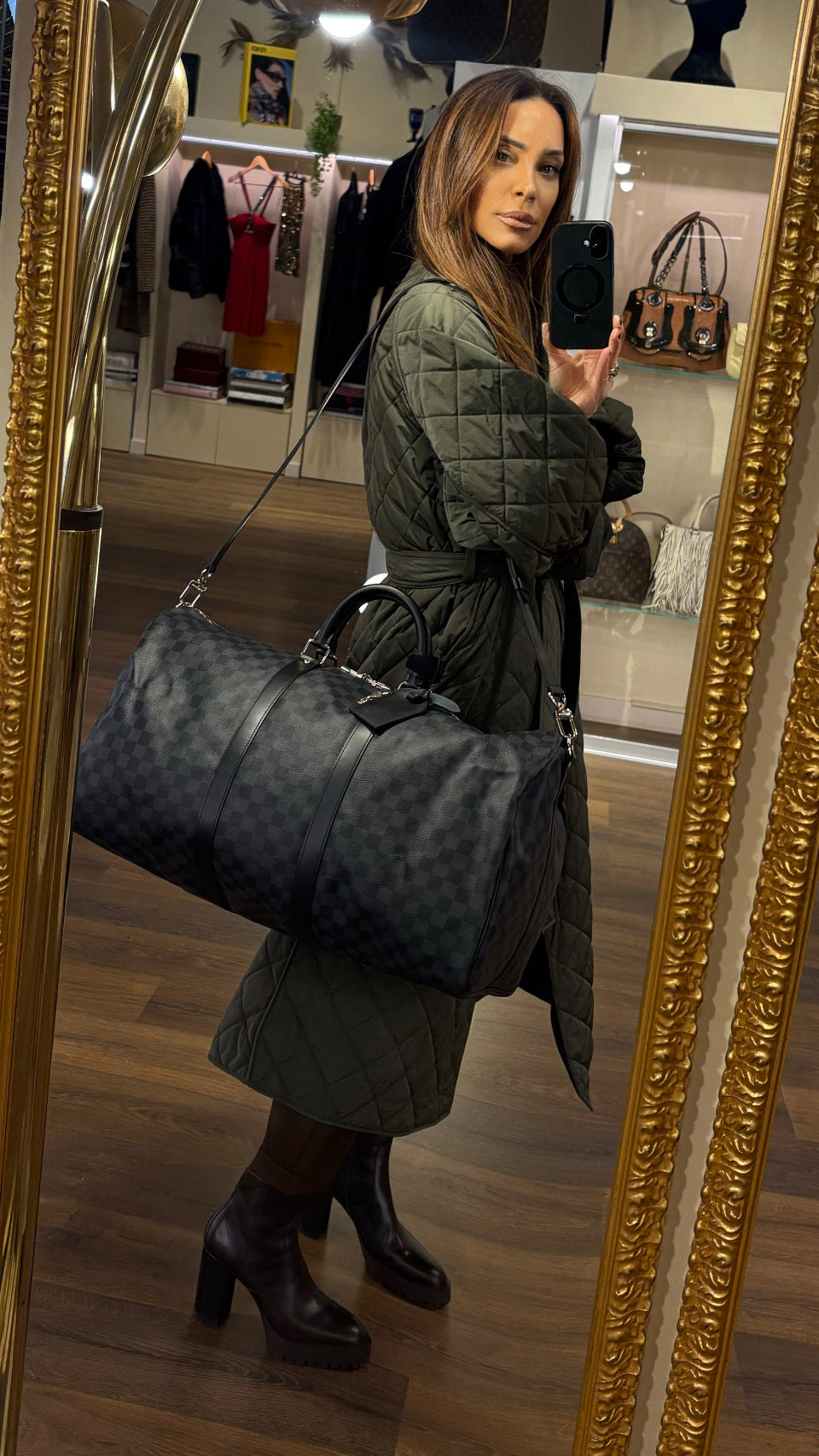 Louis Vuitton Keepall Bandoulière 55 in tela damier graphite e pelle nera