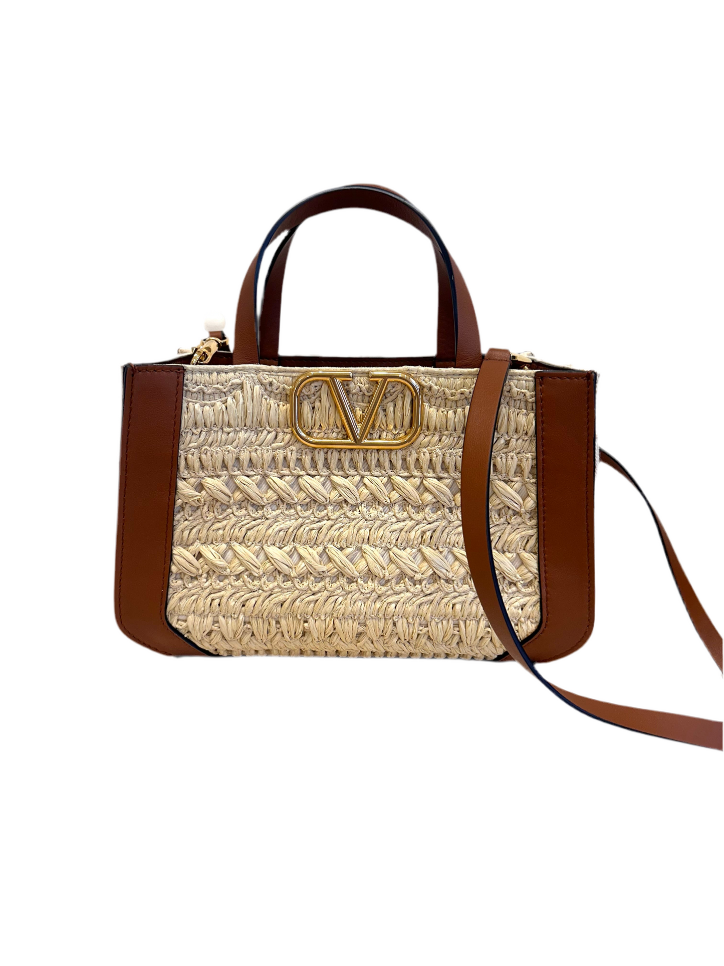 Valentino Vlogo in rafia crochet e pelle cognac