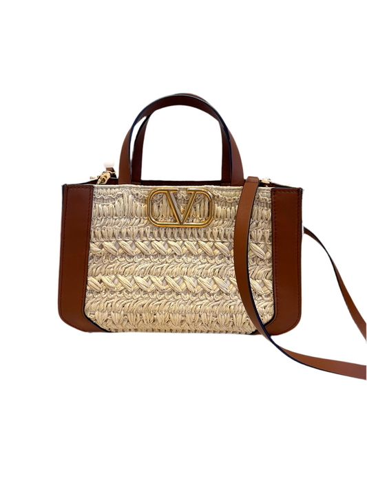 Valentino Vlogo in rafia crochet e pelle cognac