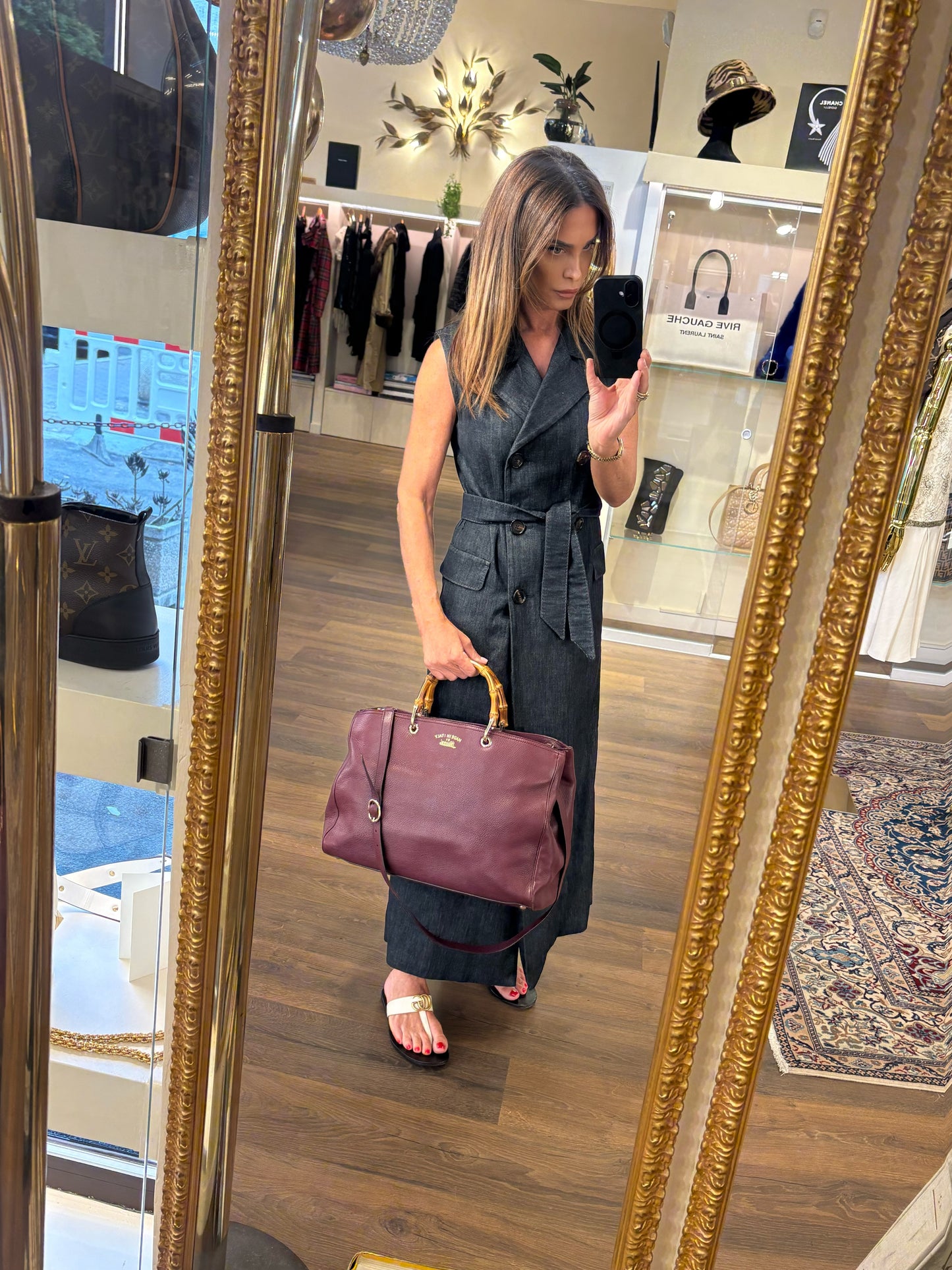 Borsa Gucci Bamboo Shopper Tote Large in Pelle Martellata Bordeaux