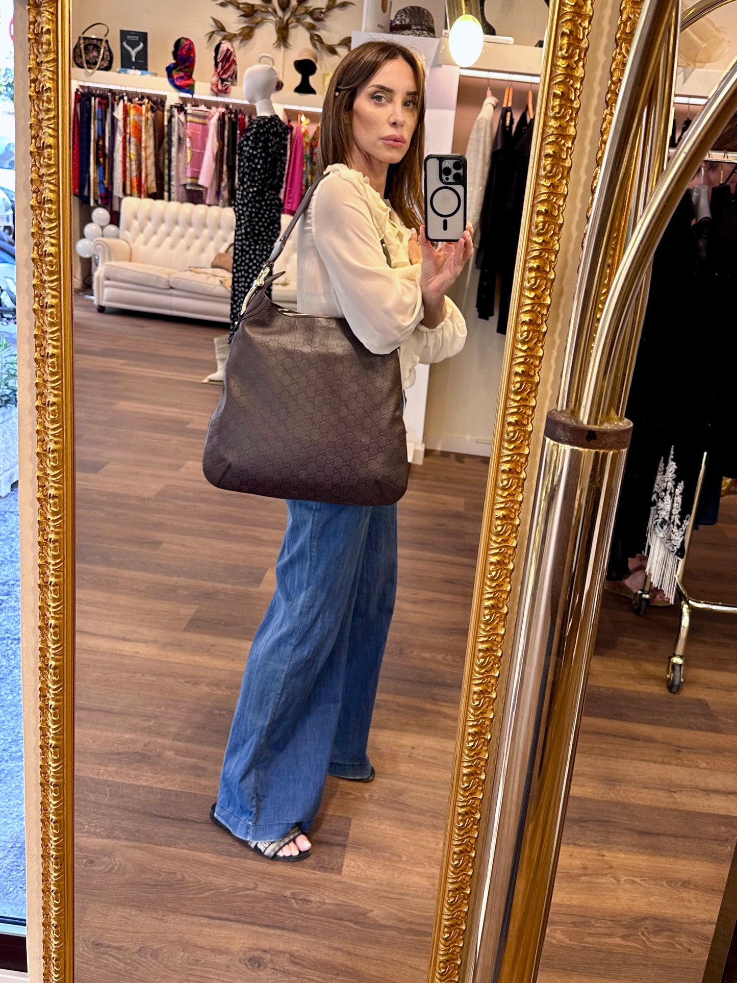 Gucci Creole borsa in pelle guccissima e morsetti dorati