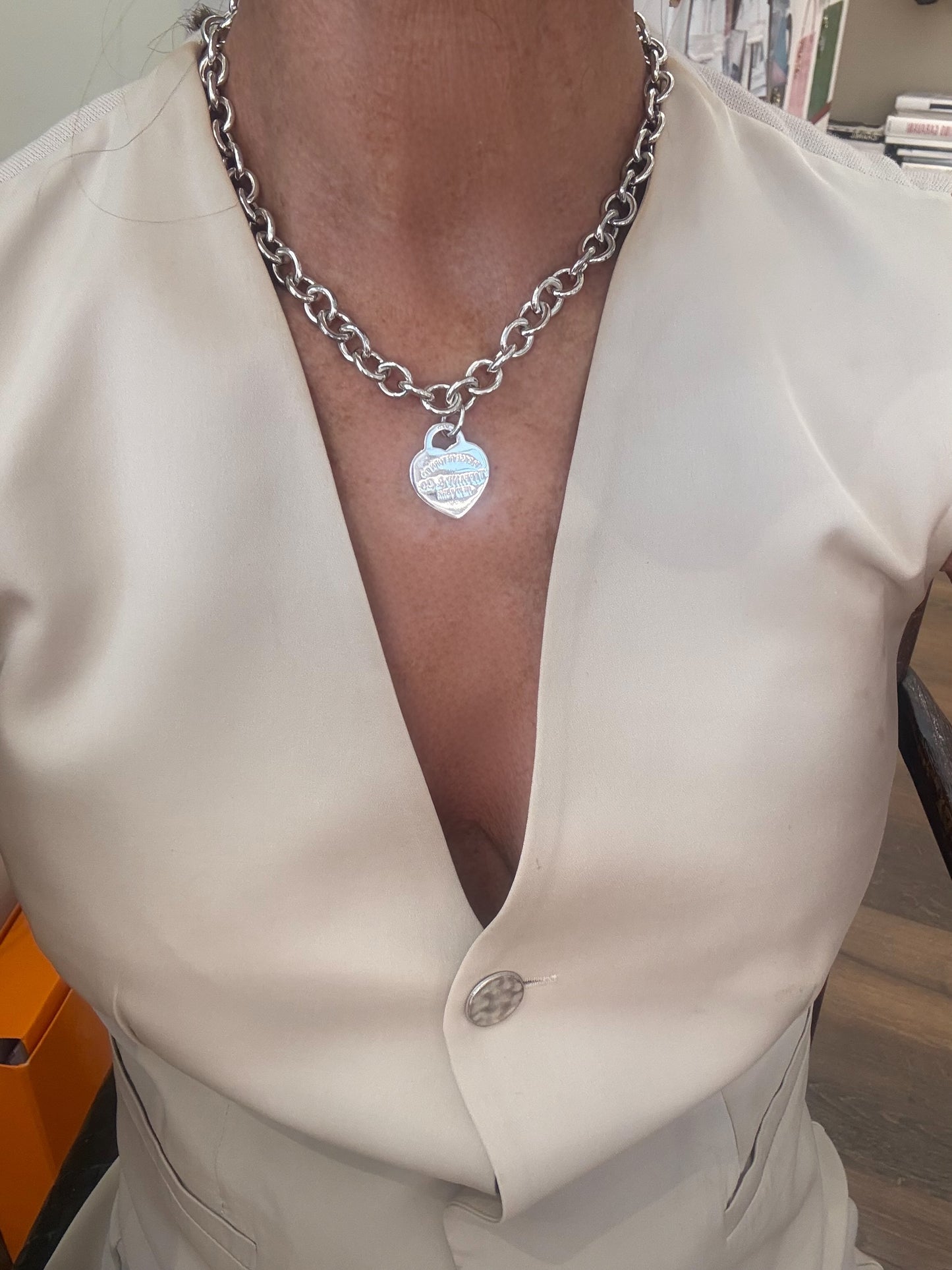 Collana Chain Link Heart Tag in argento