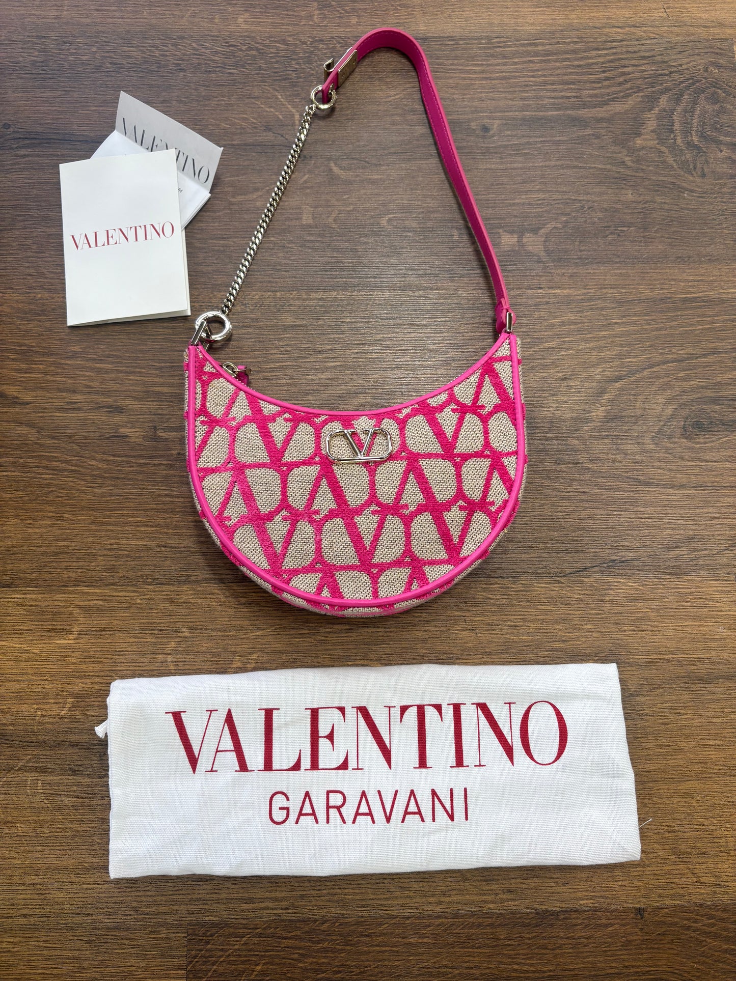 Borsa Mini Hobo Valentino Garavani VLogo Signature in Toile Iconographe Naturale e Rosa. Nuovo