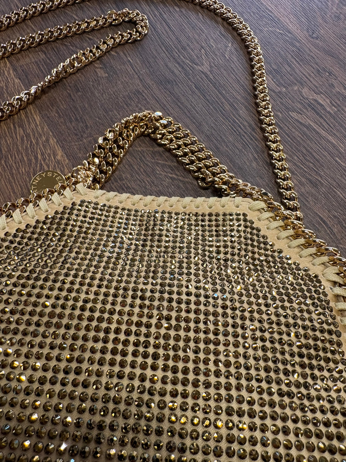 Stella McCartney Borsa Tote Falabella  Tiny in Rete di Cristalli Oro. Nuova