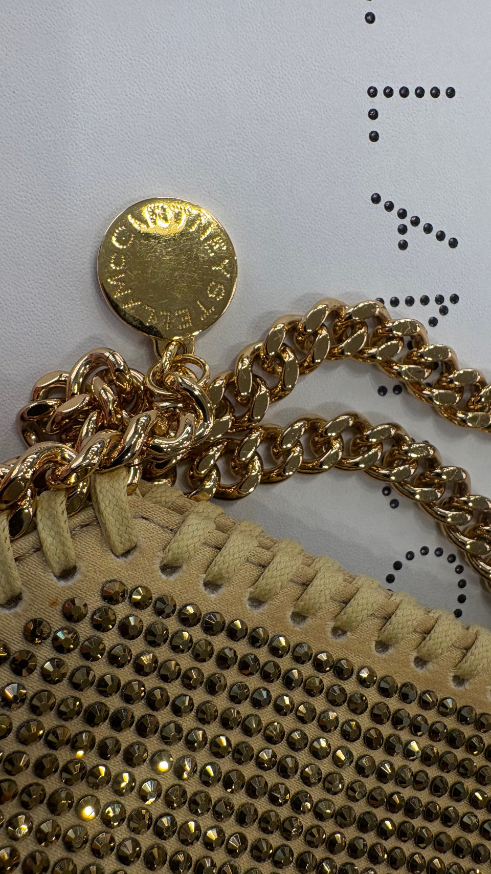 Stella McCartney Borsa Tote Falabella  Tiny in Rete di Cristalli Oro. Nuova