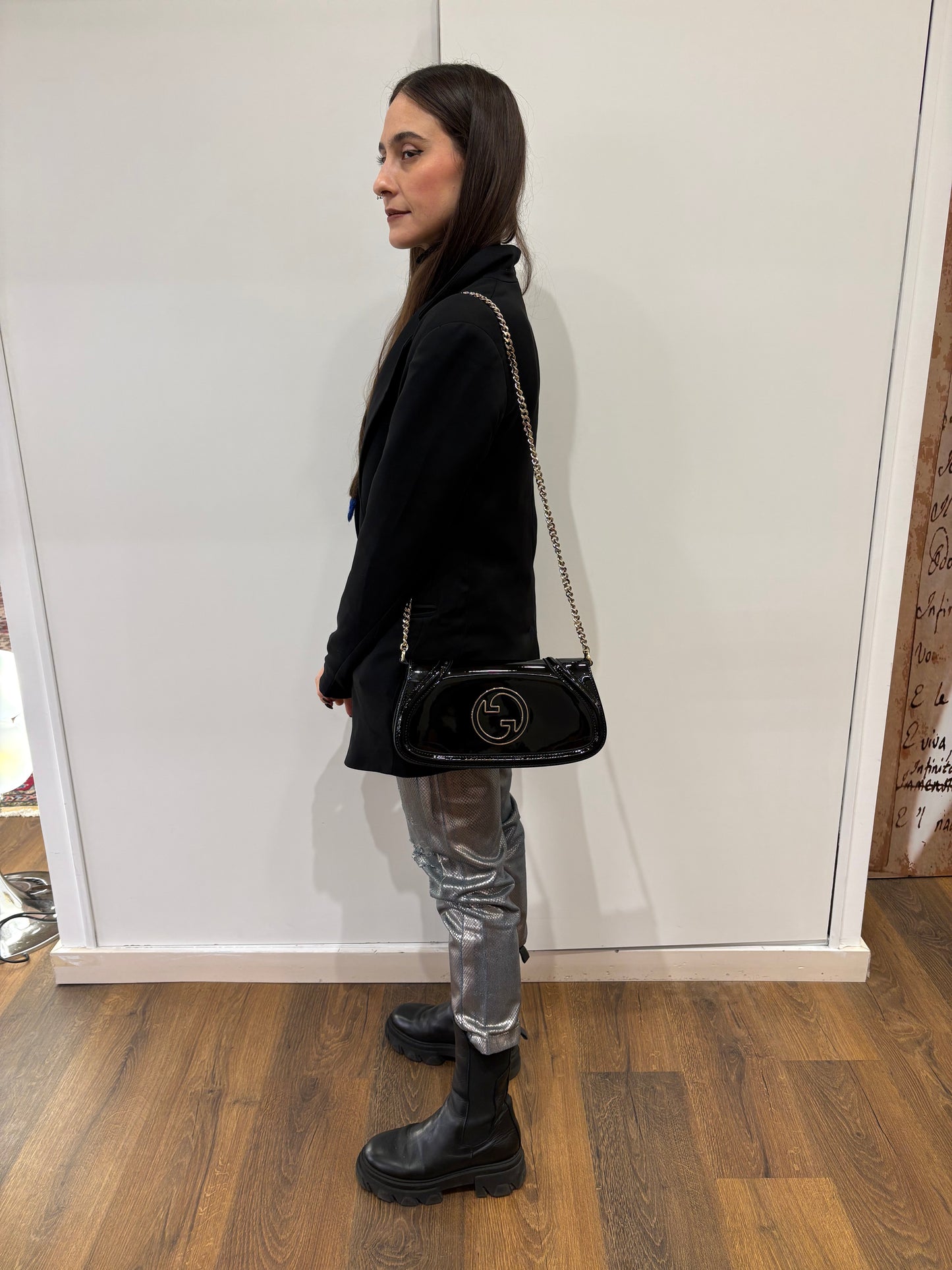 Gucci Blondie borsa in pelle verniciata nera nuova