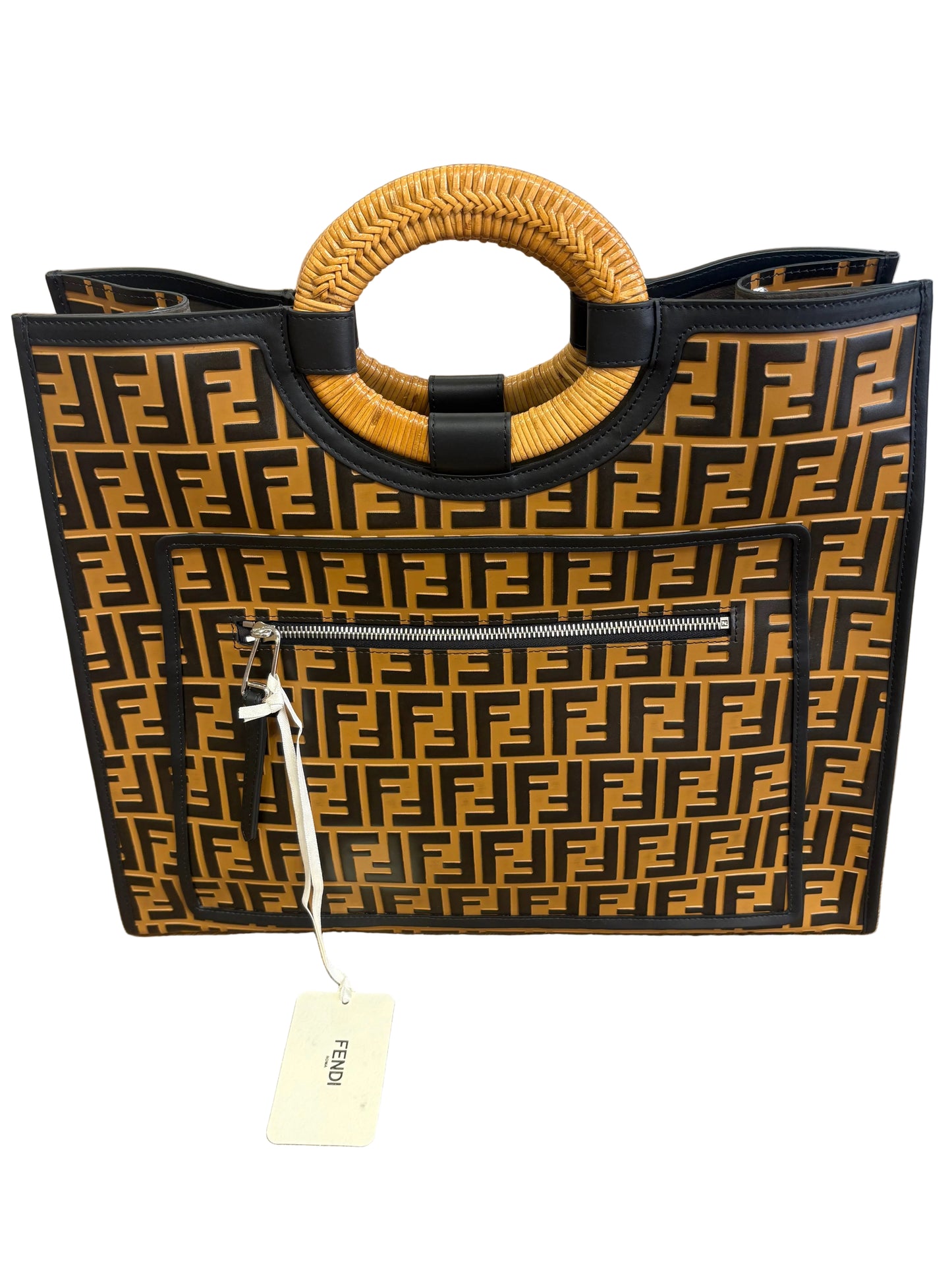 Fendi Runaway Shopper Grande in Pelle manici in rattan . Nuovo