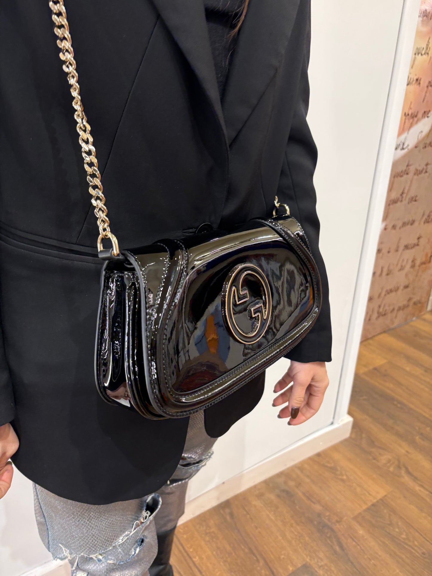 Gucci Blondie borsa in pelle verniciata nera nuova