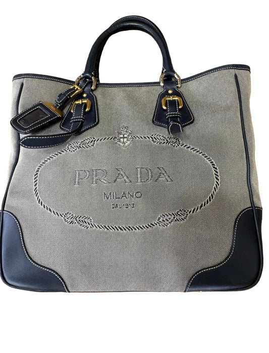 Prada borsa centenario in tela e pelle blu